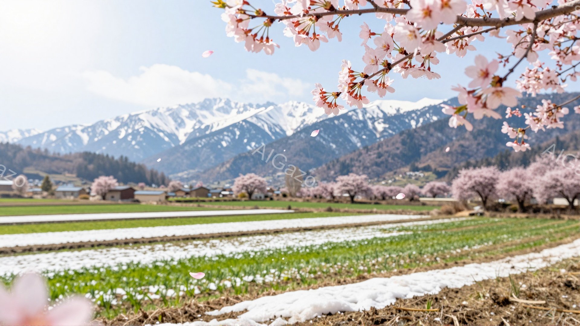 広大な田園風景が広がり、手前に緑の田が広がり、所々に雪が残っている。遠景には雪を抱いた山々が連なり、ピンク色の桜並木が田園風景に彩りを添えている。春の穏やかな日差しと、桜の優美な花びらが、静かで牧歌的 - AI生成フリー素材
