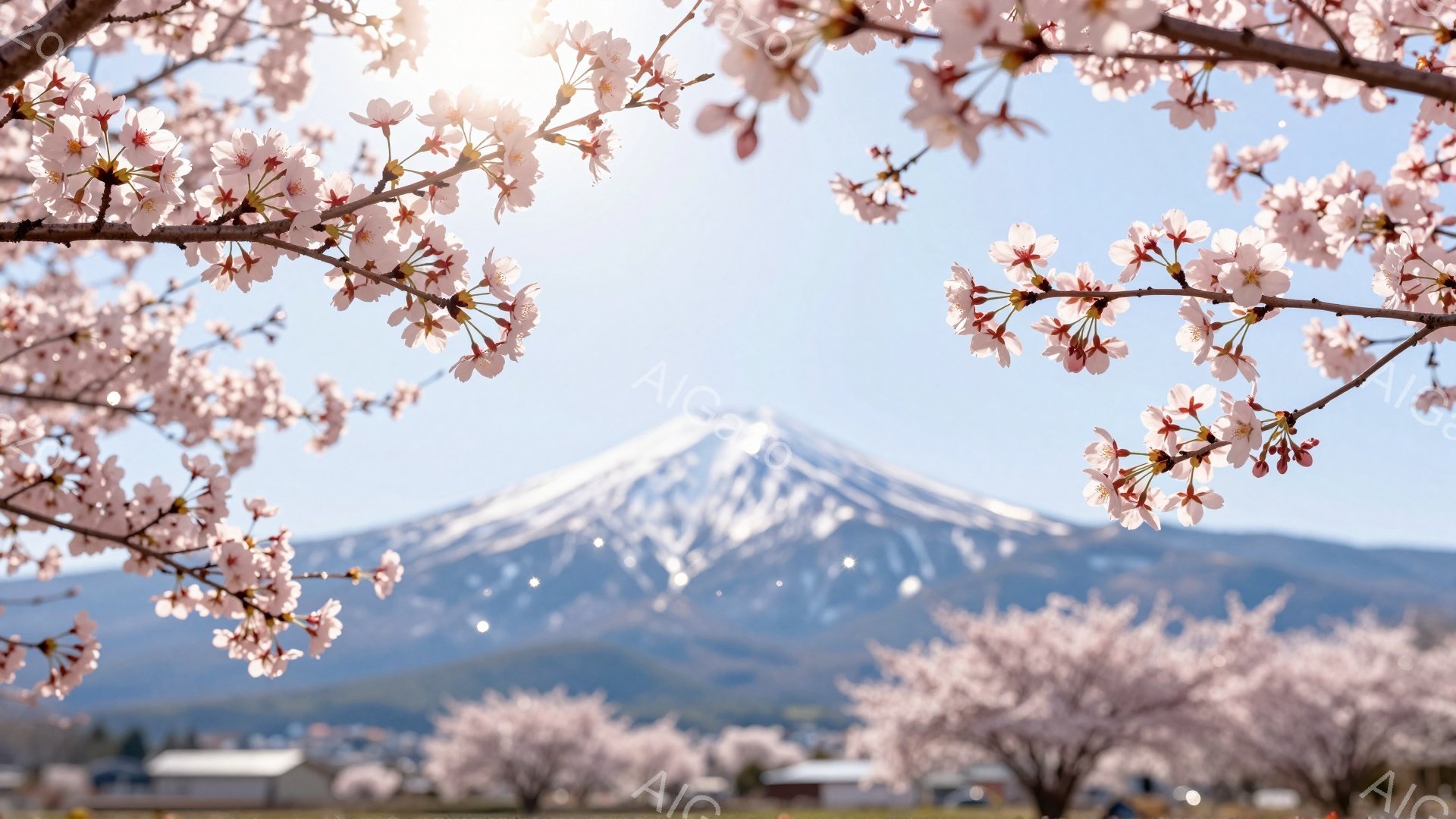 鮮やかな桜の花びらが画面いっぱいに広がり、その奥に雪を抱いた富士山が大きくそびえ立っている。手前に広がる緑の草地と、遠くに見える建物が春の穏やかな風景を作り出している。空は晴れ、暖かく柔らかな光が全体 - AI生成フリー素材