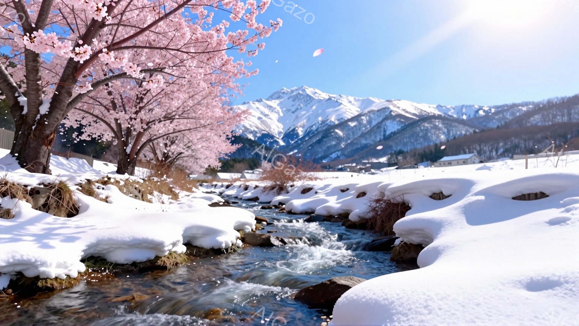 雪深い山々に囲まれた風景で、清らかな流れが凍り付いた土手を縫って流れています。川岸には雪が積もり、遠景には可愛らしい家々と、春を告げるように咲き誇る桜が印象的です。澄み切った青空と雪の白さ、桜の淡いピンクが織りなす光景は、穏やかで美しい春の訪れを予感させます。