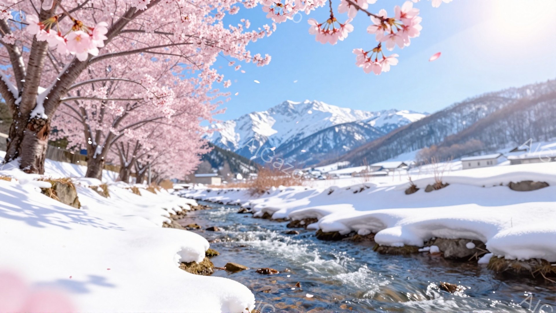 雪に覆われた川沿いに桜が咲き誇り、春の訪れを告げている美しい風景です。遠くには雪をまとった山々が連なり、手前に見える建物がその静寂を破っています。全体的に穏やかで、希望に満ちた、温かい雰囲気を感じさせ - AI生成フリー素材