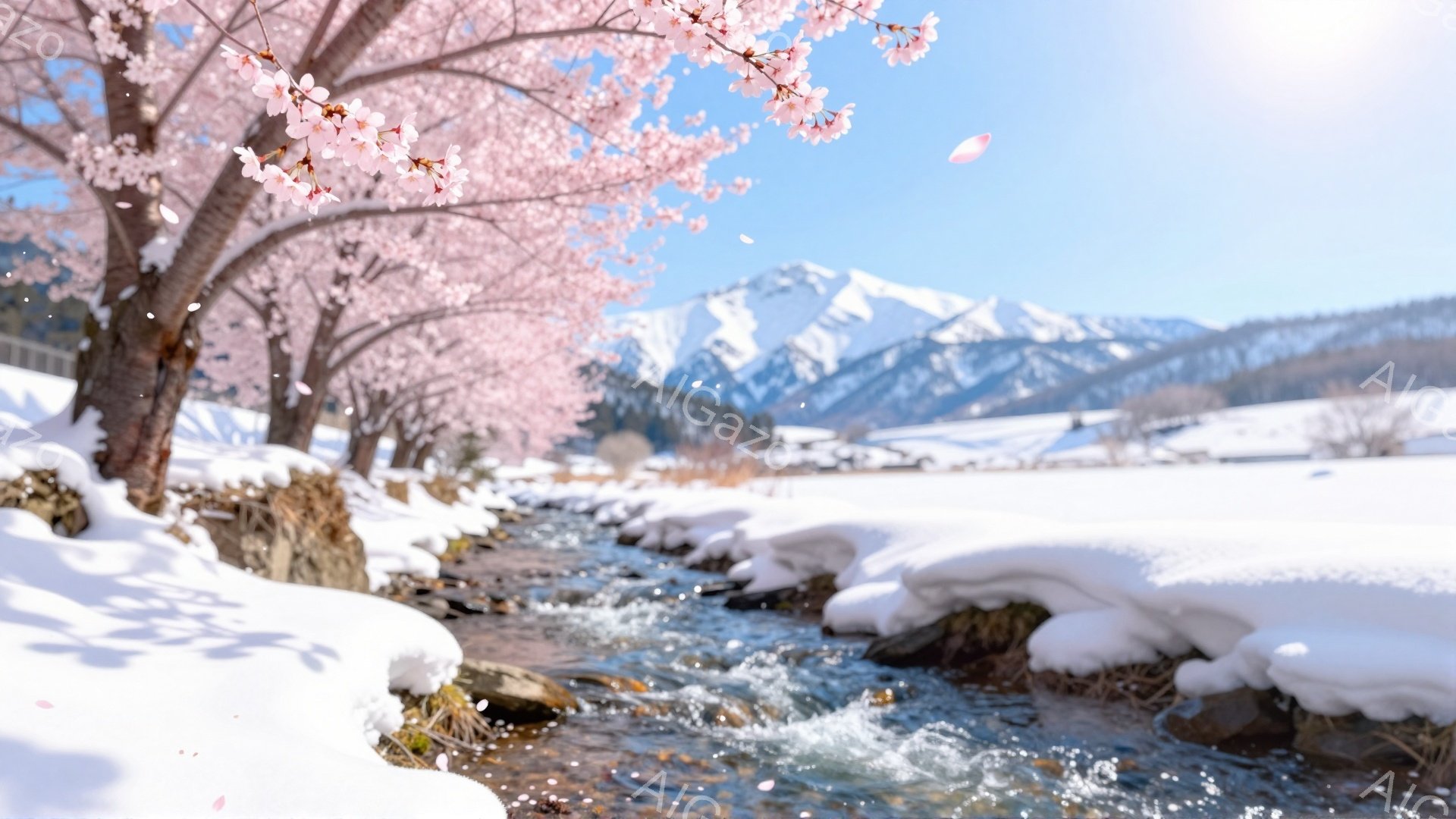 雪深い山々に囲まれた清流が印象的な風景です。川沿いには雪が積もり、春の訪れを告げるように桜が満開で、花びらが舞い散っています。青空と白い雪、そしてピンク色の桜が織りなすコントラストが、穏やかで美しい春 - AI生成フリー素材