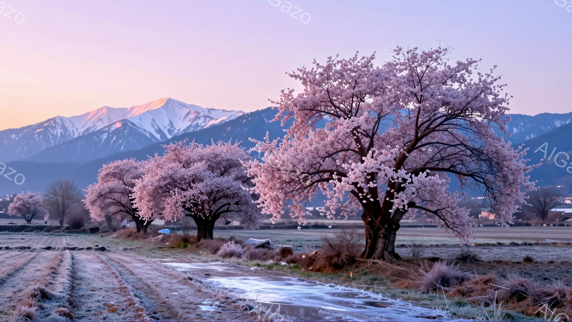 画像には、満開の桜並木が広がっています。背景には雪を頂いた山々がそびえ立ち、朝焼けの空がピンクと紫のグラデーションを描いています。農地の水路が桜並木の手前に流れ、春の穏やかな雰囲気を醸し出しています。