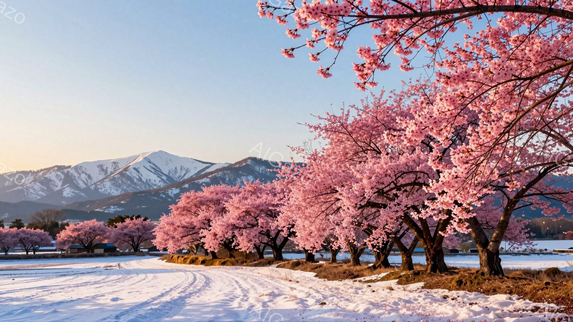 道路の両側に桜並木が咲き誇り、その奥には雪を抱いた山々が連なる美しい風景です。雪原には車輪の跡が残り、春の訪れと冬の名残が共存する穏やかな情景が広がっています。空は晴れ渡り、桜の花びらが眩しい光の中で - AI生成フリー素材