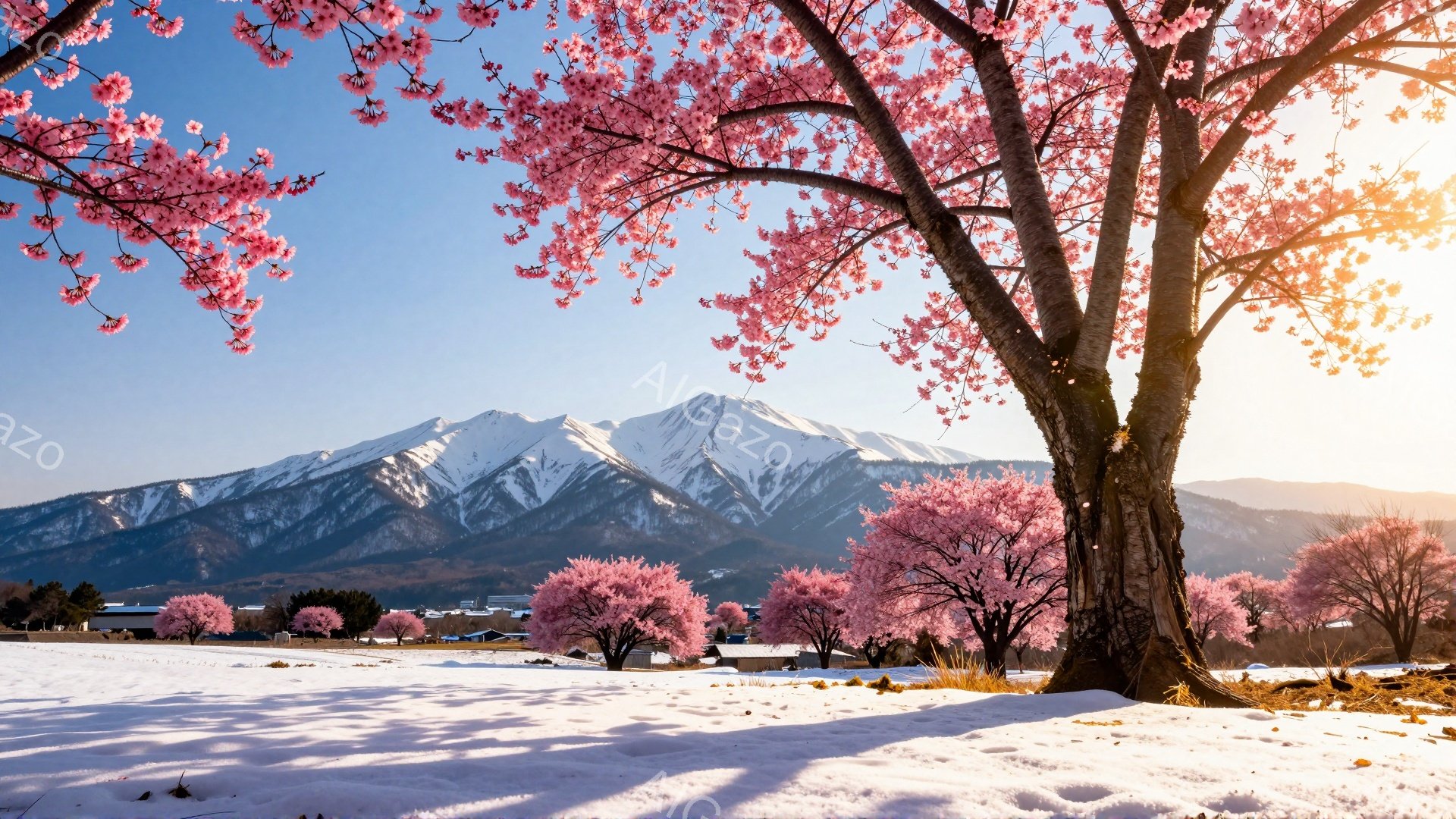 鮮やかなピンク色の桜並木が雪景色の中に咲き誇り、背景には雪をまとった山々が連なっている。低い太陽光が桜の花びらを照らし、地面には桜色の影が長く伸びている。静かで穏やかな冬の風景で、春の訪れを予感させる - AI生成フリー素材
