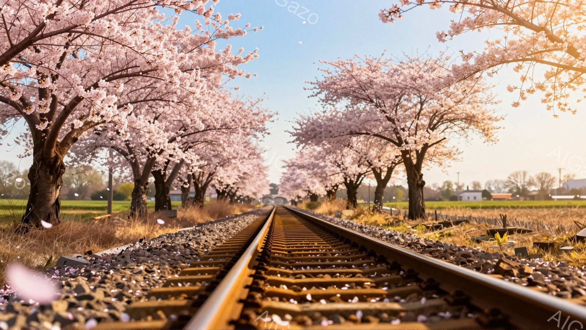 鉄道線路が桜並木の中をまっすぐに伸びている風景です。桜の花びらが舞い散り、線路と周囲の草地に薄紅色を添えています。背景には農村の風景が広がり、穏やかで春らしい雰囲気が漂います。 - AI生成フリー素材