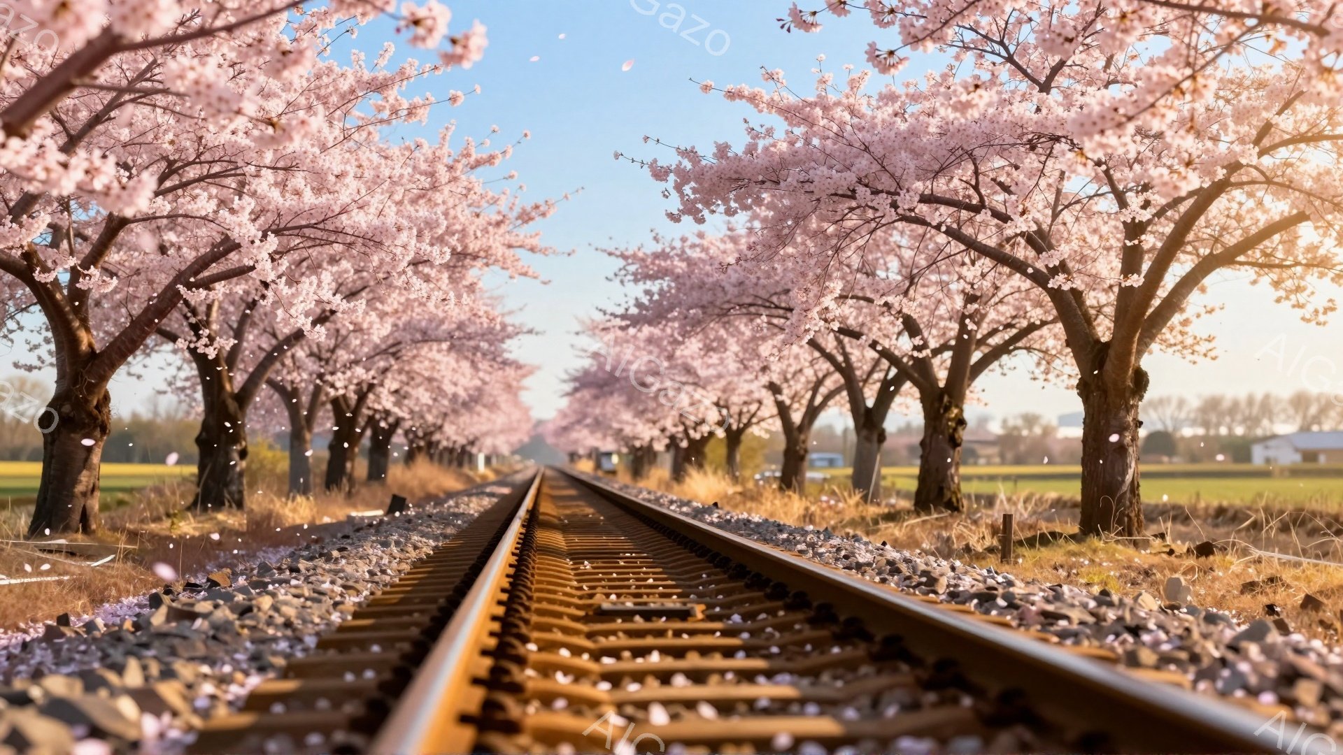鉄道線路が桜並木のトンネルのように続く風景です。桜の花びらが舞い散り、線路と枕木を埋め尽くし、春の暖かさと儚さを感じさせます。遠景には緑の田園風景と白い建物が見え、穏やかな春の日の光景が広がっています - AI生成フリー素材