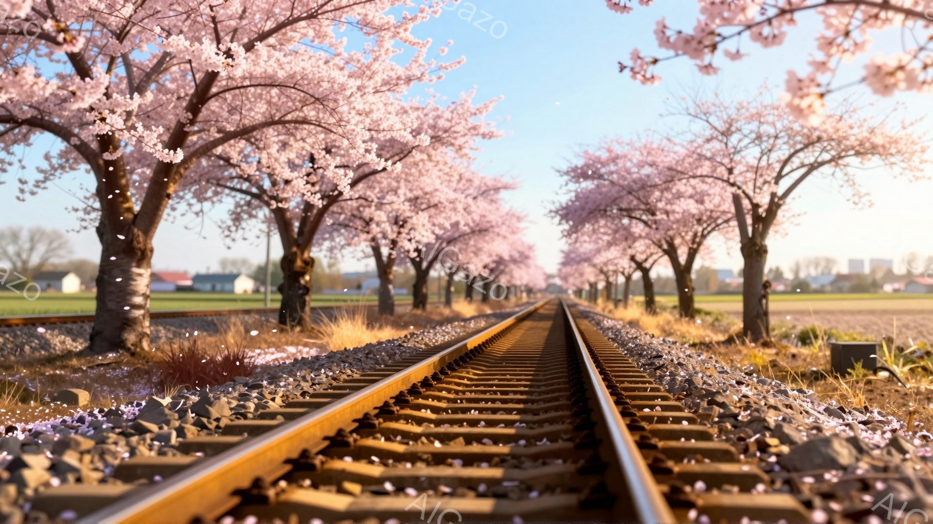 線路が桜並木のトンネルのように続く風景です。両側の桜の木は満開で、花びらが線路の上に舞い散っています。背景には牧草地と遠くの建物が見え、穏やかで春らしい雰囲気です。