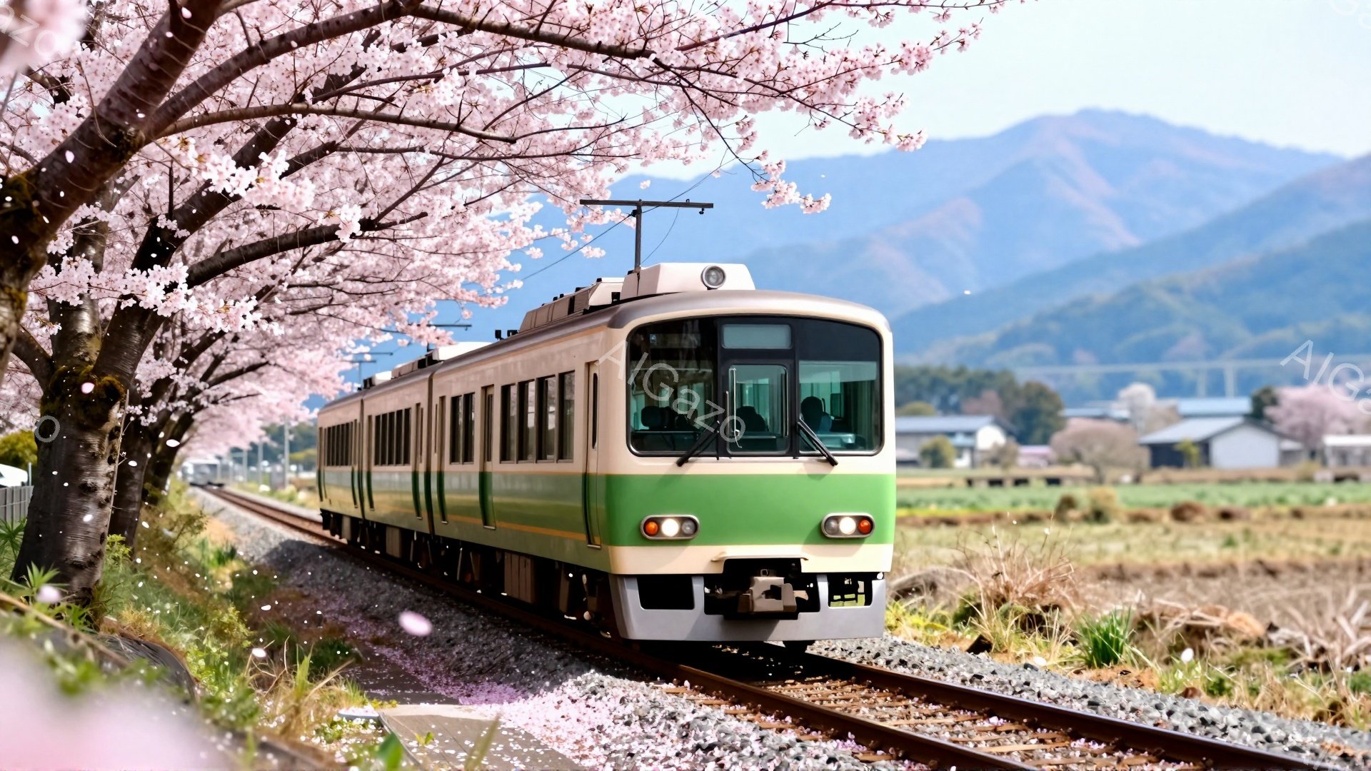 緑色の車体が特徴的な列車が、桜並木の中をゆっくりと走っている。背景には緑豊かな山々と田園風景が広がり、春の穏やかな陽気を感じさせる、のどかな光景である。舞い散る桜の花びらが、列車の周りを幻想的に彩り、春の訪れを告げている。