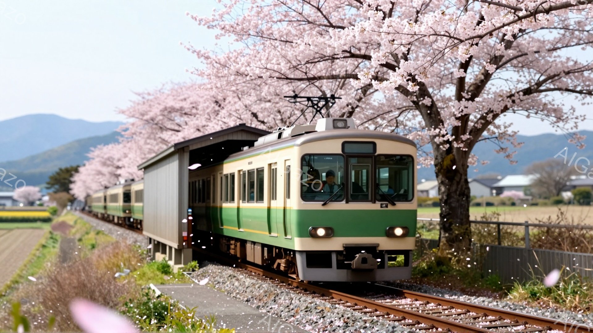 緑とクリーム色のレトロな電車が、満開の桜並木の中を走っている。車窓からは運転士らしき人物が見え、穏やかな表情で前を見つめている。背景には田園風景が広がり、遠くには山々が霞んで見える、春の暖かな日差しが降り注ぐ、のどかな情景である。