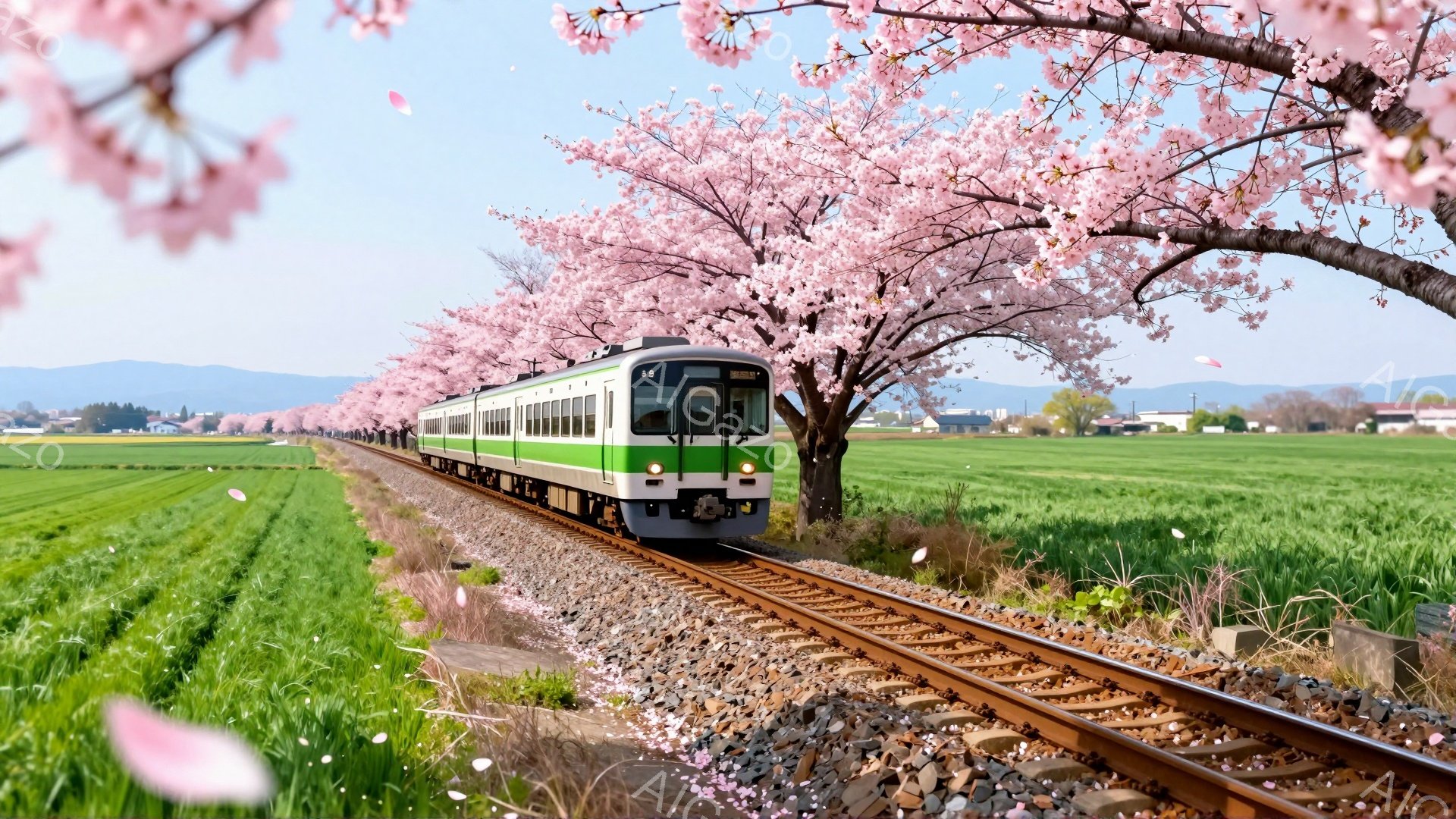 鉄道が満開の桜並木の中を走っている様子が描かれている。鮮やかな緑色の列車は、ピンク色の桜の花びらが舞う春の田園風景の中を、ゆっくりと進んでいく。背景には緑の田んぼや遠くの山々が見え、穏やかで美しい春の - AI生成フリー素材