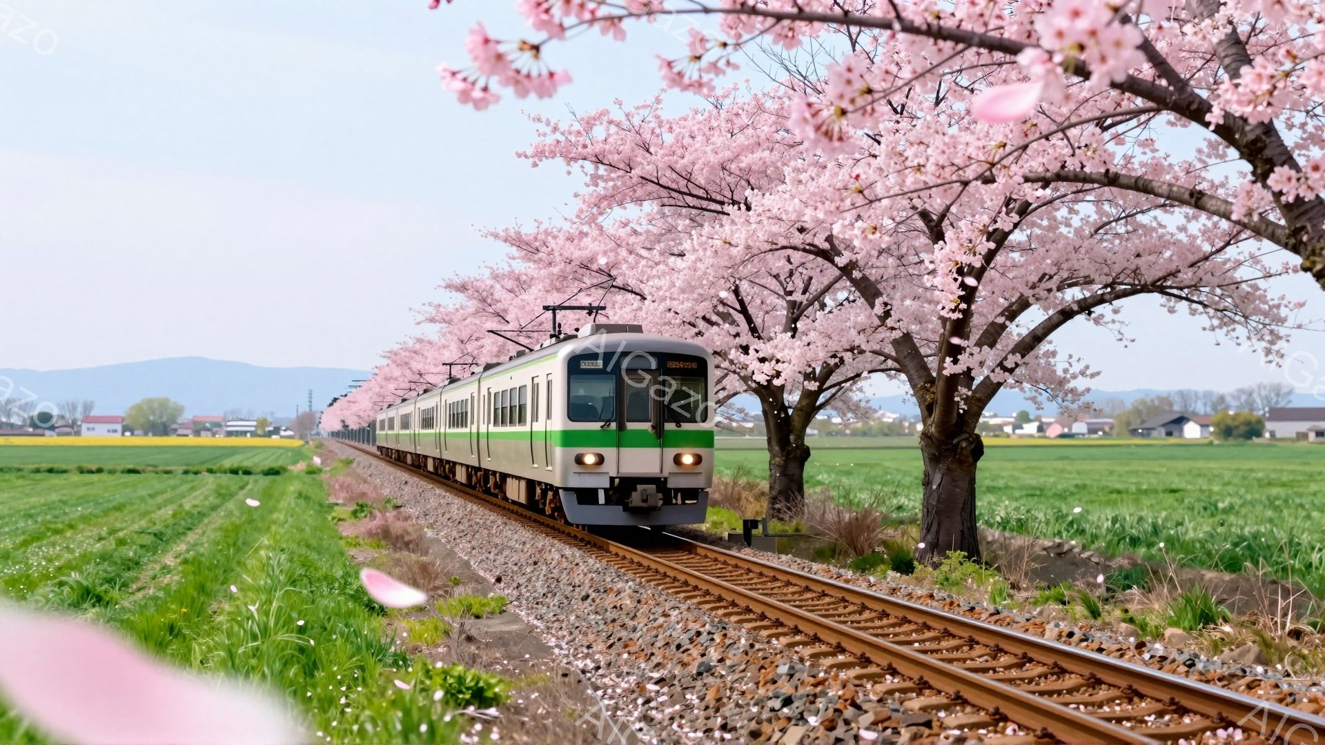 緑色の列車が、満開の桜並木の中を走っている風景です。線路の両脇には、ピンク色の桜の花びらが舞い、春の暖かな雰囲気が漂っています。遠景には田園風景が広がり、晴天の下、穏やかな時間が流れています。 - AI生成フリー素材