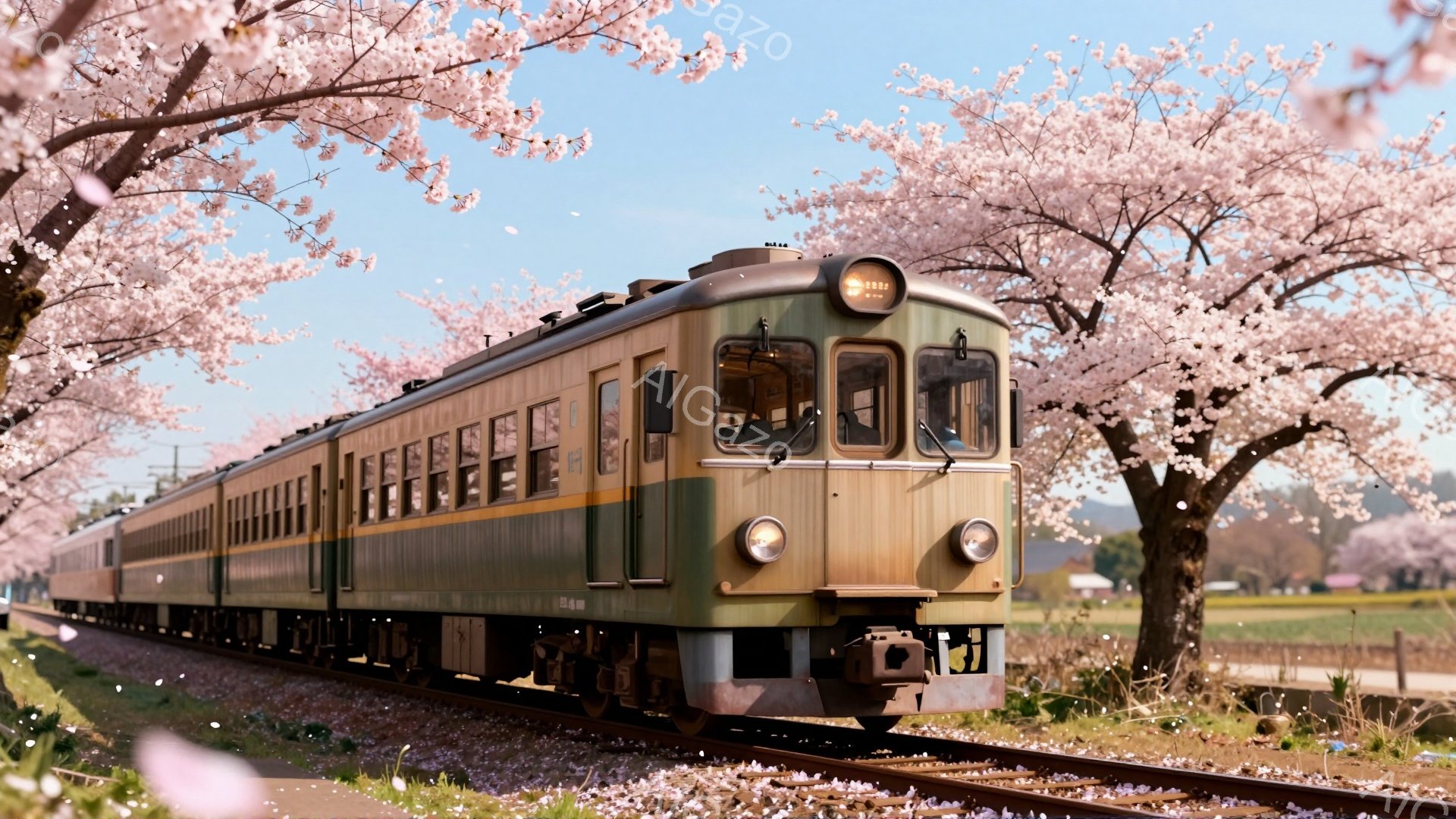緑とクリーム色のレトロな電車が、満開の桜並木の中を走っている。桜の花びらが舞い散り、春の穏やかな雰囲気を醸し出している。背景には緑の田園風景が広がり、晴天の空が春の暖かさを感じさせる。