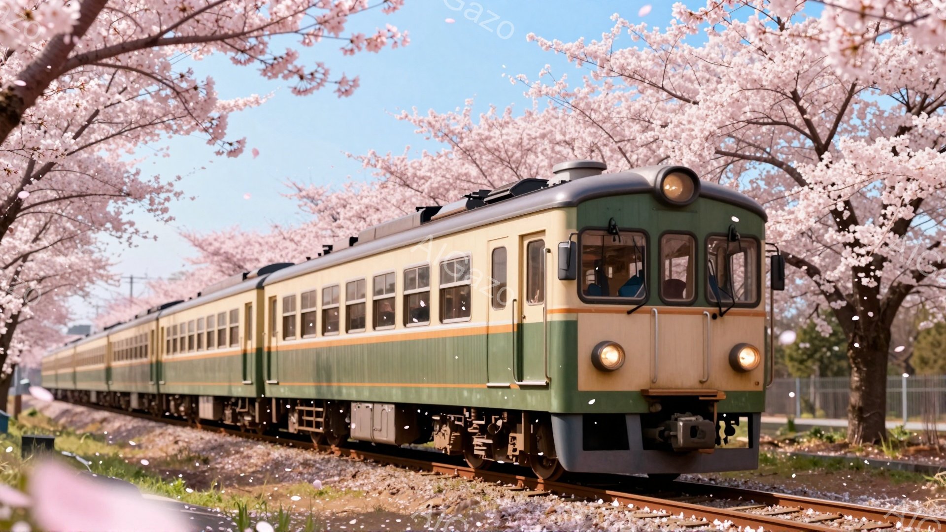 鉄道車両が線路上を走っており、車体は緑とクリーム色のストライプが特徴的です。背景には桜並木が咲き誇り、花びらが舞い散る春の美しい風景が広がっています。明るい日差しと桜のコントラストが、どこか懐かしいノスタルジックな雰囲気を醸し出しています。