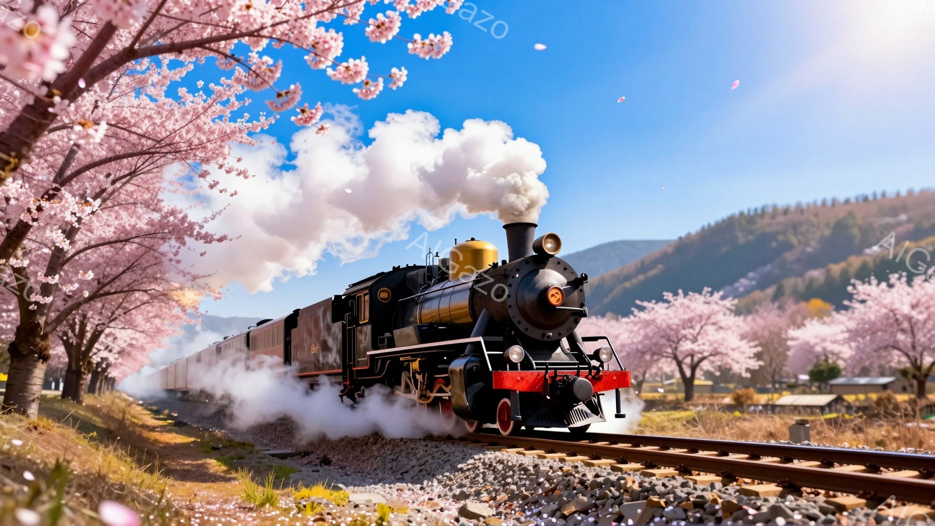 蒸気機関車が桜並木の中を走っている風景です。機関車は黒く、赤色の先頭部が特徴的で、大量の蒸気を噴き上げています。背景には緑の山々が見え、空は晴れ、桜の花びらが舞い散る、春の暖かな一日を表現しています。