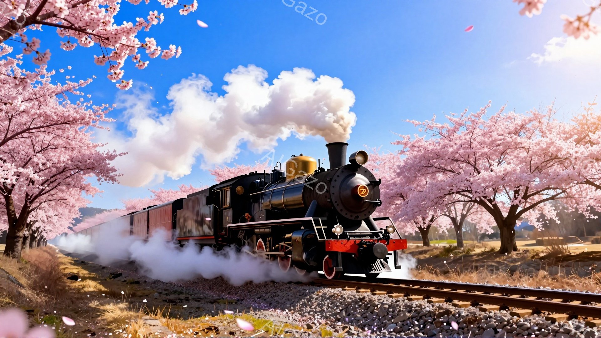 蒸気機関車が桜並木の中を走っている様子が描かれています。ピンク色の桜の花びらが舞い散り、春の暖かく美しい風景を作り出しています。青空の下、機関車から立ち上る白い煙が、春の息吹を感じさせます。