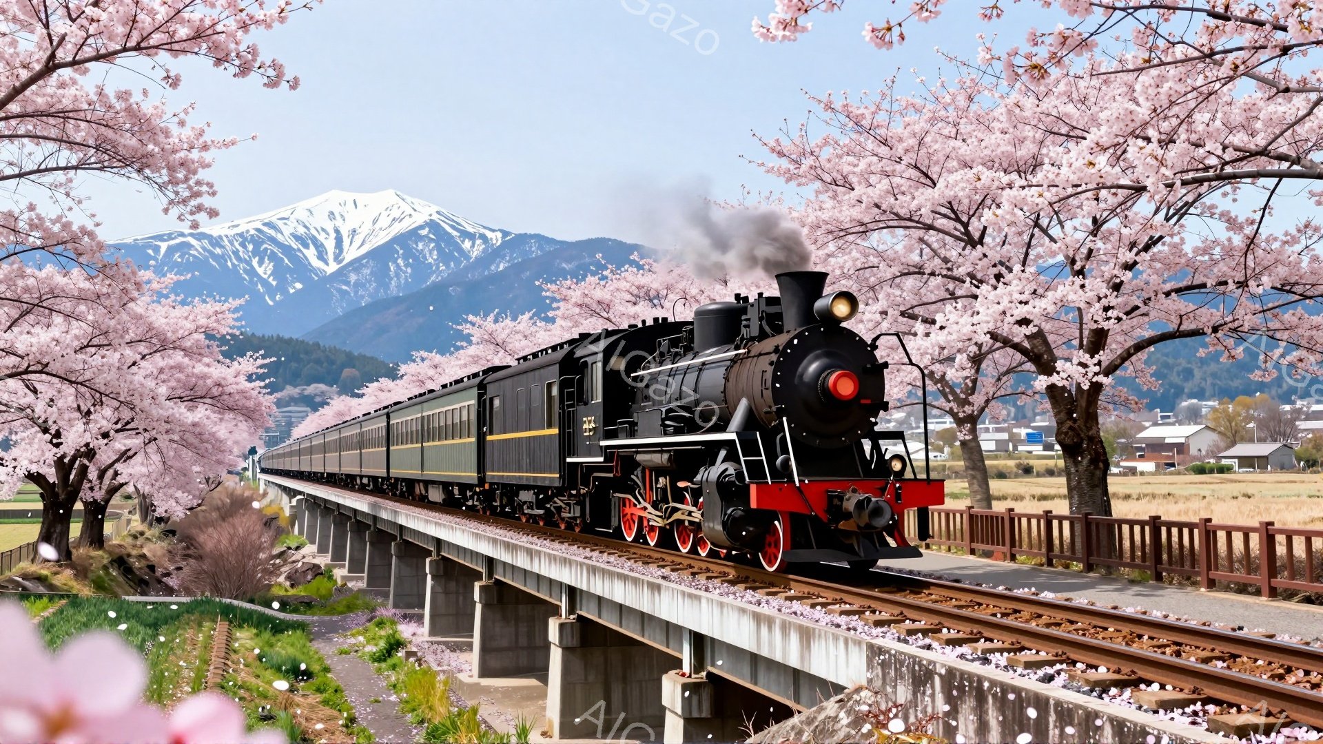 鮮やかなピンク色の桜並木を背景に、レトロな蒸気機関車が線路を走っている。遠くには雪を抱いた山々がそびえ立ち、春の穏やかな天候と調和している。列車はピンク色の花びらが舞う中、日本の田園風景を切り裂くように進んでいく。
