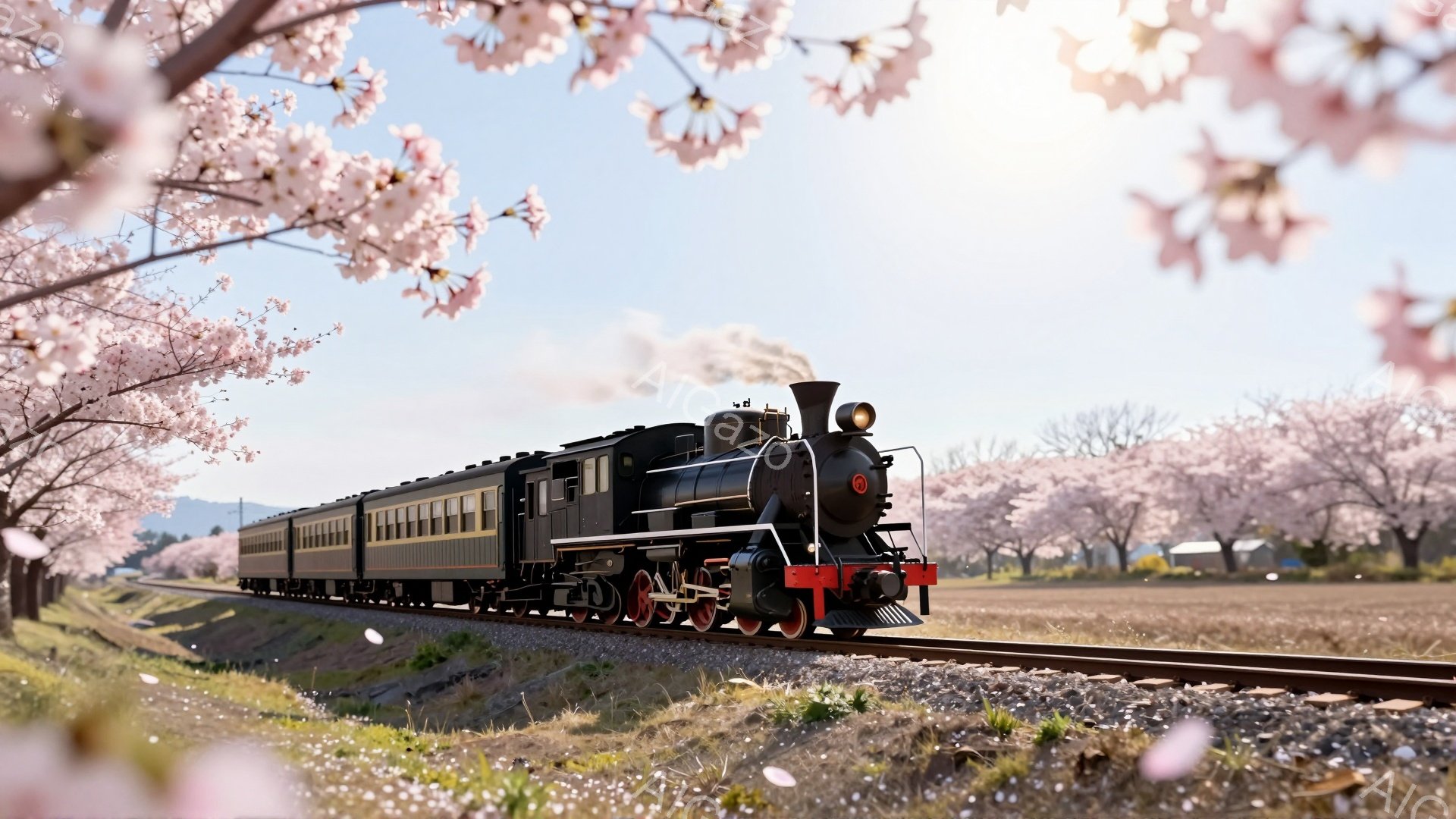 蒸気機関車が桜並木の中を走っている様子が描かれています。機関車は黒色で、客車は深い緑色と茶色のストライプが特徴的です。背景には、桜の花びらが舞い散る中、穏やかな田園風景が広がっており、春の暖かな雰囲気が伝わってきます。