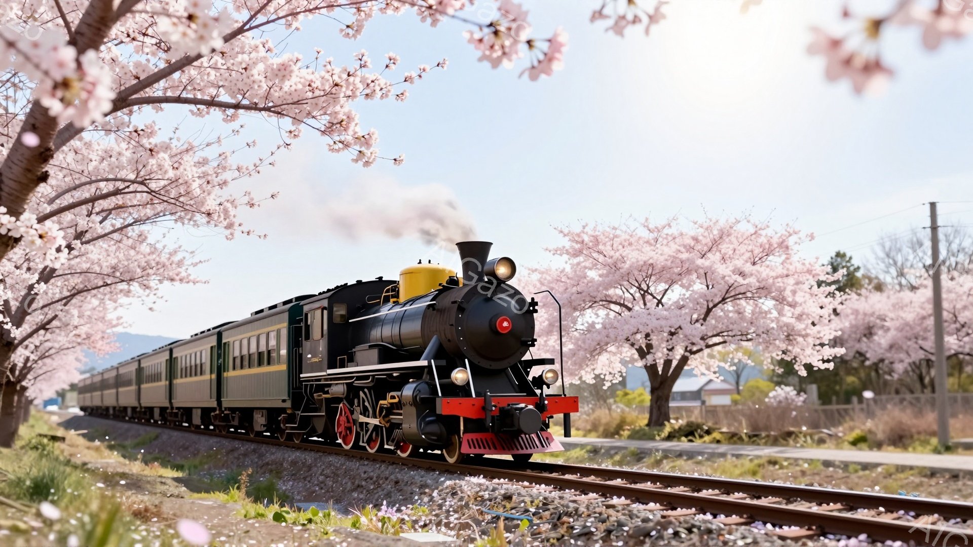 蒸気機関車が桜並木の中を走っている様子が描かれています。機関車は黒と緑のストライプで装飾され、赤い先頭部が印象的です。背景には住宅や緑豊かな丘が見え、春の穏やかな陽気を感じさせる、ノスタルジックな雰囲気です。