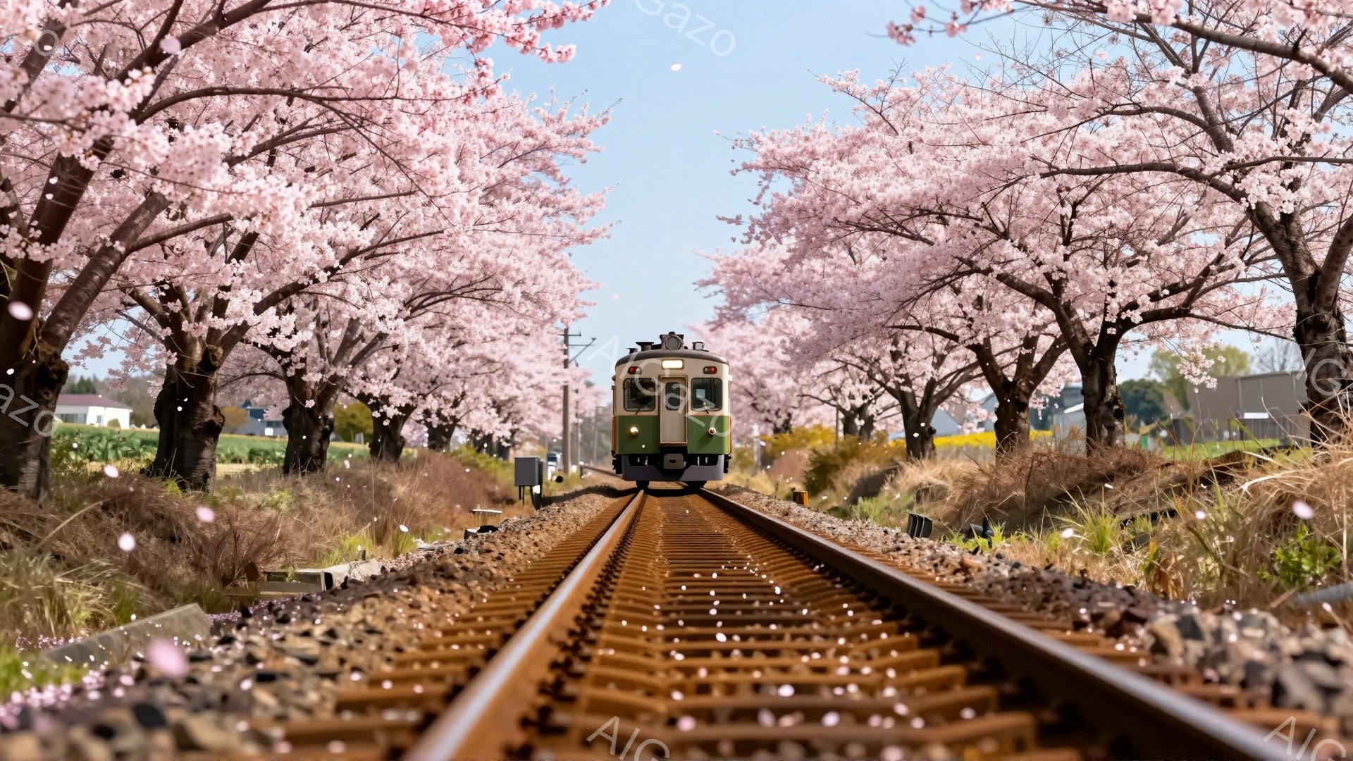 鉄道線路が桜並木のトンネルのように続く風景です。緑色の列車が線路の中央を走っており、ピンク色の桜の花びらが舞い散っています。背景には田園風景が広がり、穏やかで春らしい雰囲気が漂っています。