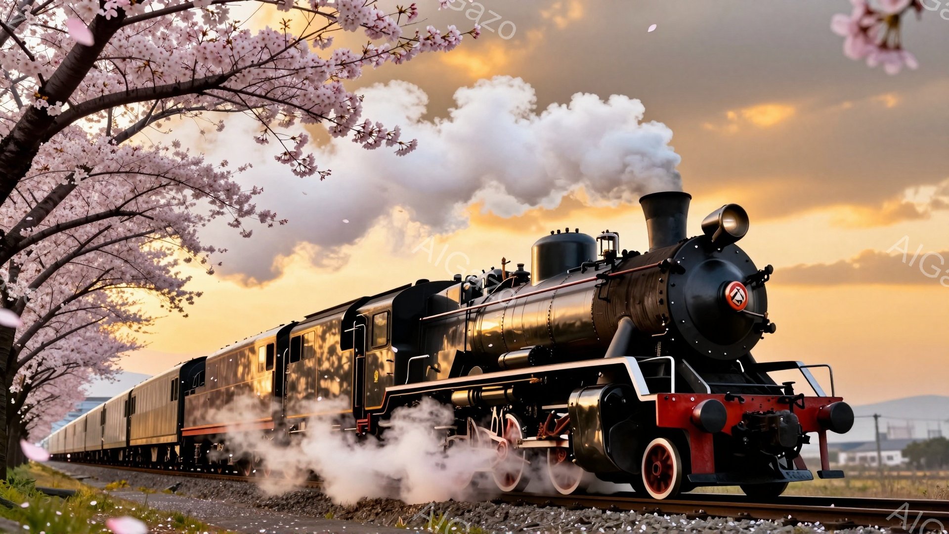 蒸気機関車が桜並木の中を走っている様子が描かれています。機関車は黒を基調とし、赤色のアクセントが加えられ、煙を上げながら線路を疾走しています。背景には、夕焼けのような空と、桜の花びらが舞い散る美しい自然が広がっており、春の穏やかな雰囲気が漂っています。