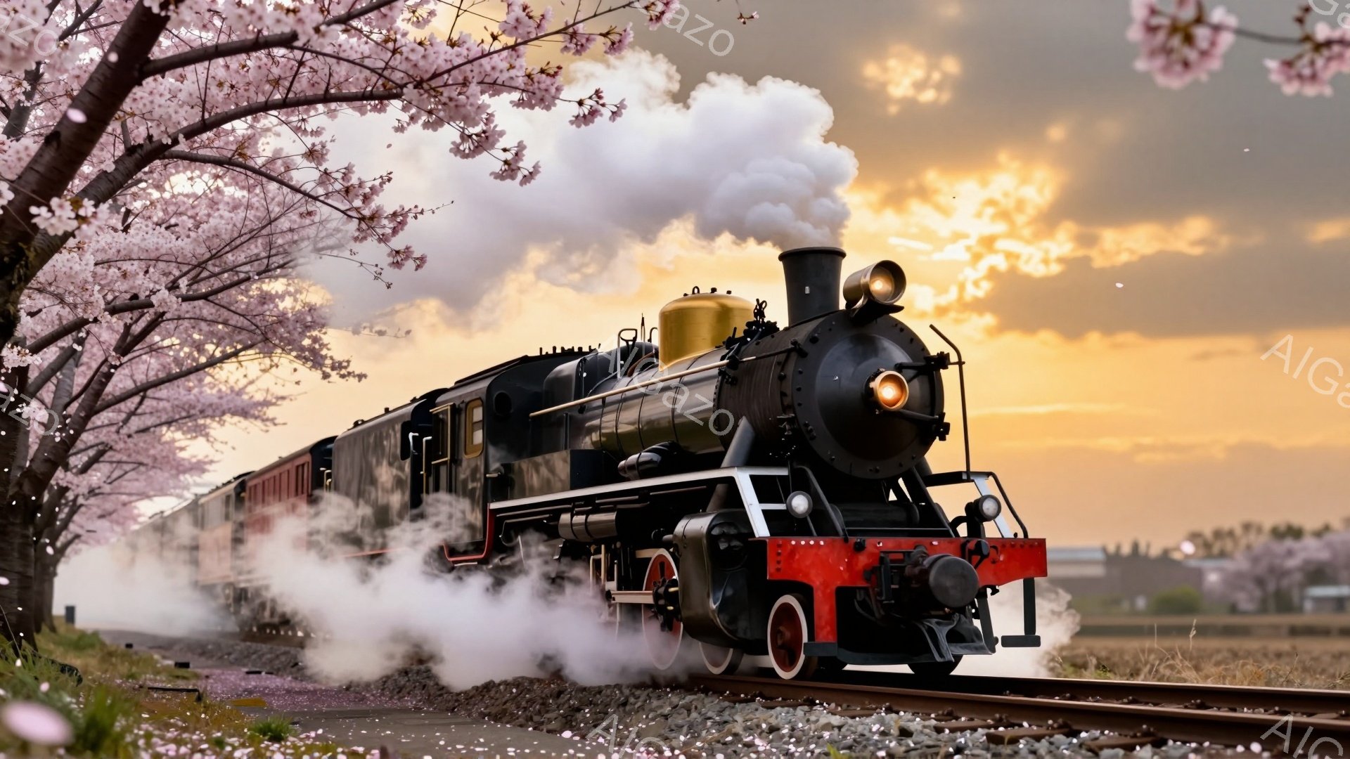 蒸気機関車が桜並木の中を走っており、春の風情あふれる光景です。機関車は黒色で、赤いストライプがアクセントになっています。背景には夕焼けのような空が広がり、桜の花びらが舞い散る幻想的な雰囲気が漂っています。