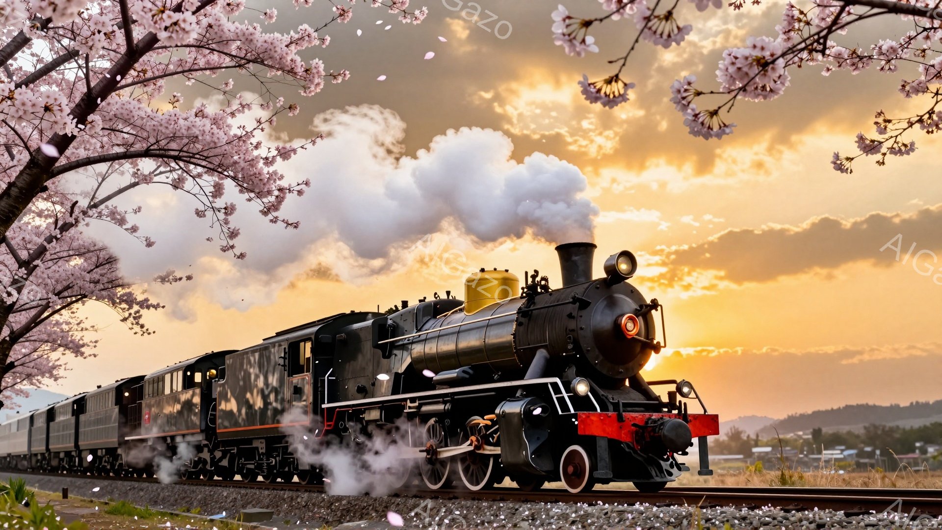 蒸気機関車が線路を力強く走り、大量の蒸気を上げている。背景には夕焼け空が広がり、ピンク色の桜の花びらが舞い散る美しい春の風景が広がっている。機関車の黒い車体と桜のコントラストが印象的で、ノスタルジックな雰囲気を醸し出している。