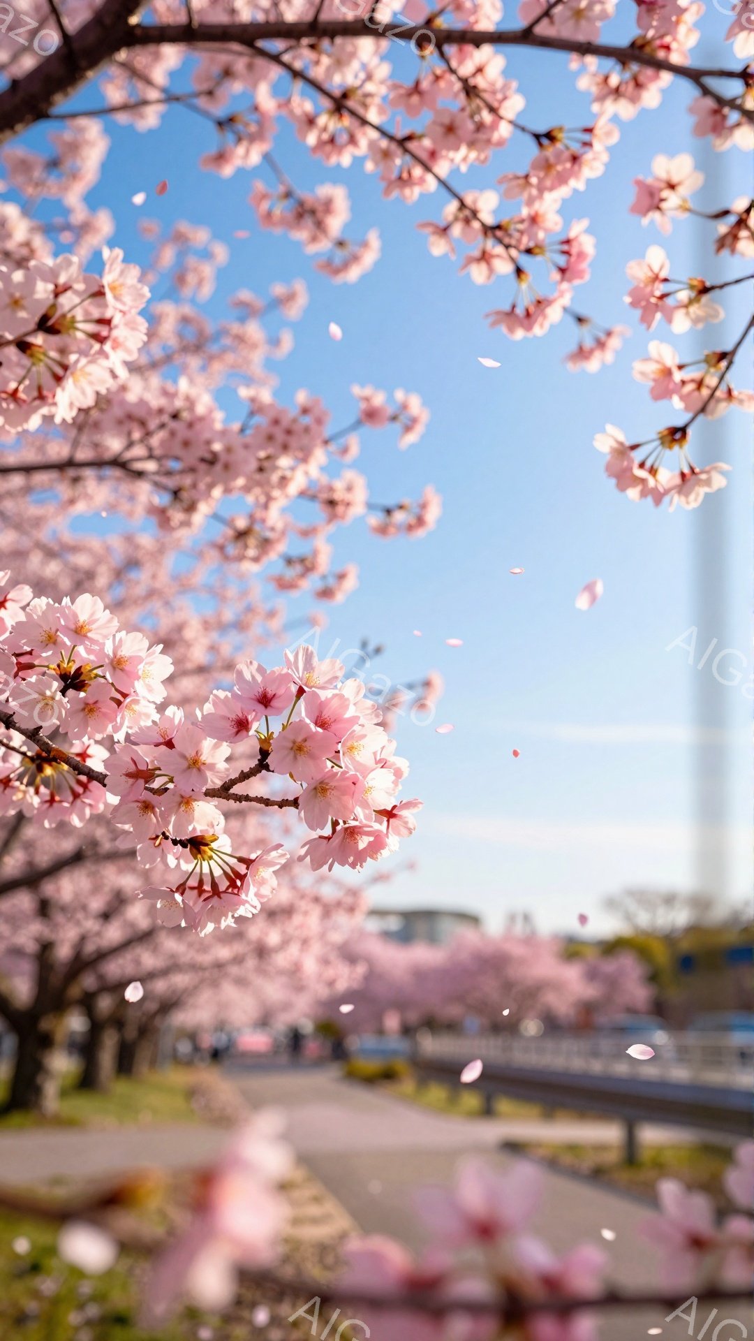 満開の桜が咲き誇り、花びらが風に舞っている春の風景です。道路沿いに桜並木が続き、背景にはぼんやりと建物が見え、澄んだ青空が広がっています。全体的に暖かく、穏やかな雰囲気が漂い、春の訪れを感じさせます。 - AI生成フリー素材