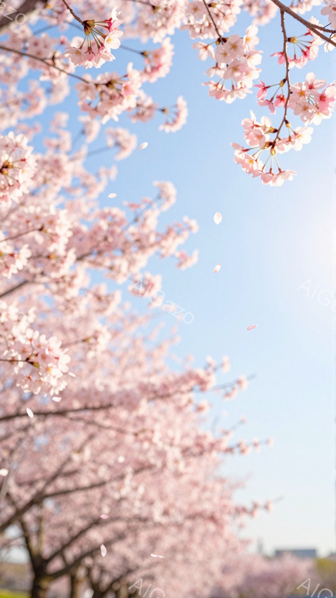 満開の桜が咲き誇り、花びらが舞い散る美しい光景です。青空を背景に、ピンク色の桜が幻想的な雰囲気を醸し出しています。遠景には建物が見え隠れし、春の暖かさと穏やかさを感じさせます。 - AI生成フリー素材
