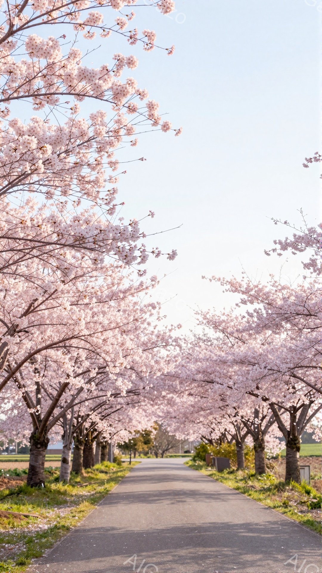 桜並木が続く道が写真の中央をまっすぐ伸びています。両側の桜の木は満開で、淡いピンク色の花びらが空を覆い、地面にも散りばめられています。背景には緑の芝生と遠くの田園風景が見え、穏やかで春らしい雰囲気を醸 - AI生成フリー素材