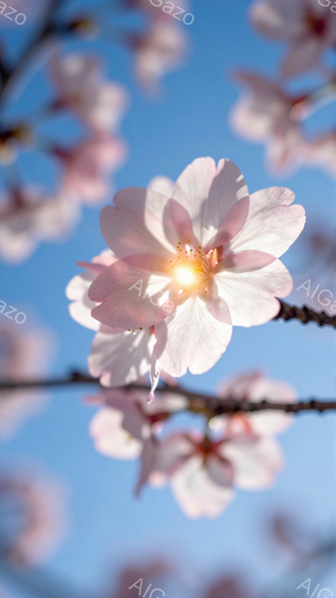 桜の花が咲き誇り、鮮やかな青空を背景に春の訪れを感じさせる美しい一枚です。中心の花は光を浴びて輝き、繊細な花びらが柔らかく広がり、周囲の花々もぼんやりと咲き乱れています。枝は暗くシルエット調で、空の青さと花の淡いピンク色のコントラストが印象的です。