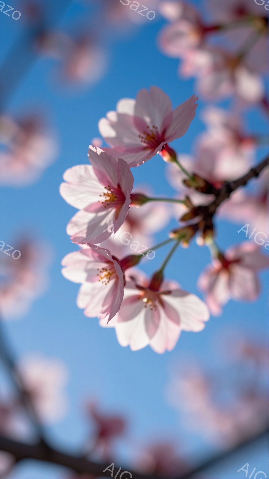 鮮やかな青空を背景に、桜の花が咲き誇っている様子が捉えられています。淡いピンク色の花びらは繊細で、春の暖かさと生命力を感じさせます。ぼやけた背景と手前の花とのコントラストが、より一層桜の美しさを引き立 - AI生成フリー素材