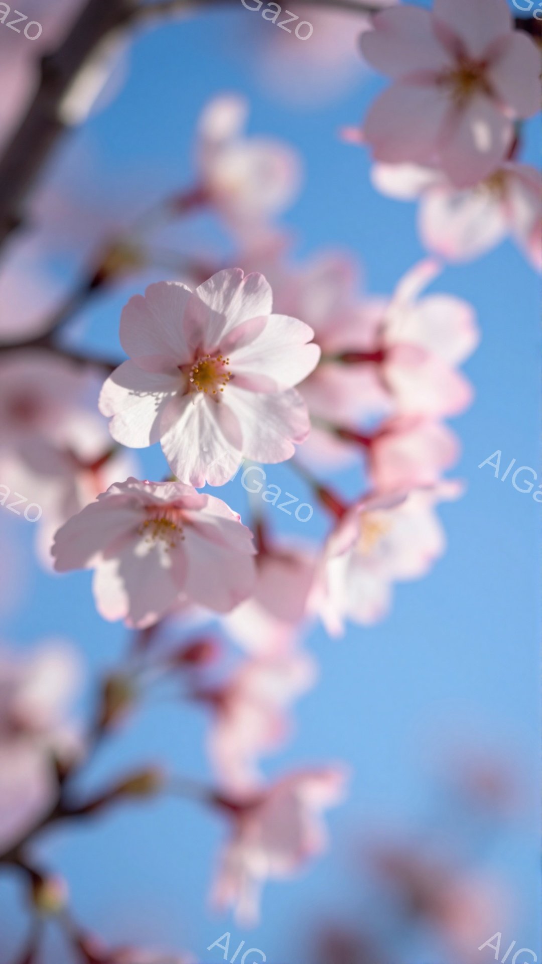 淡いピンク色の桜の花が、鮮やかな青空を背景に咲き誇っています。花びらは繊細で、春の暖かさと優しさを感じさせる美しい構図です。太陽の光が柔らかく当たり、花びらのグラデーションを強調しています。