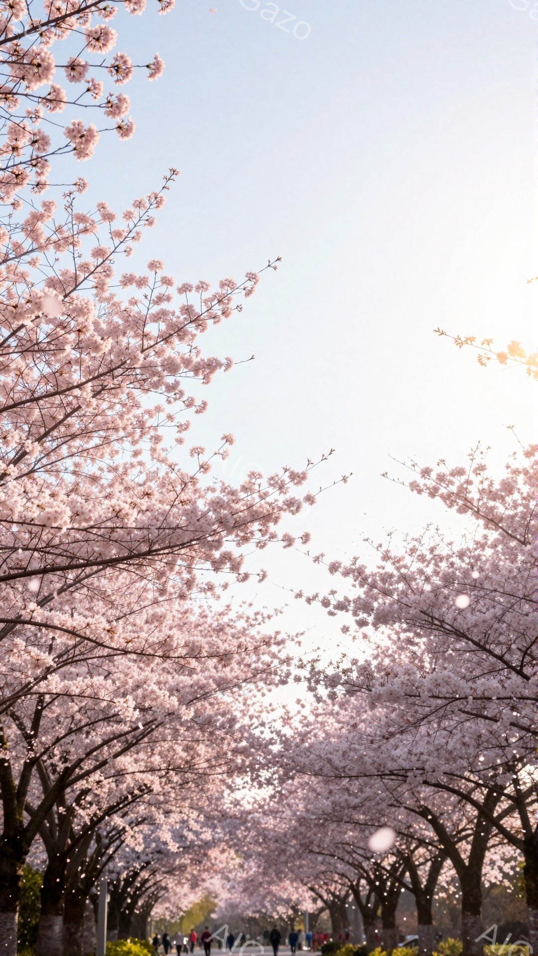 満開の桜並木が続く道で、人々が散歩を楽しんでいる様子が描かれています。人々はカジュアルな服装で、楽しそうな表情をしており、春の暖かさを感じさせます。背景には、桜の花びらが舞い、夕焼けのような柔らかな光が差し込み、穏やかで幻想的な雰囲気を醸し出しています。