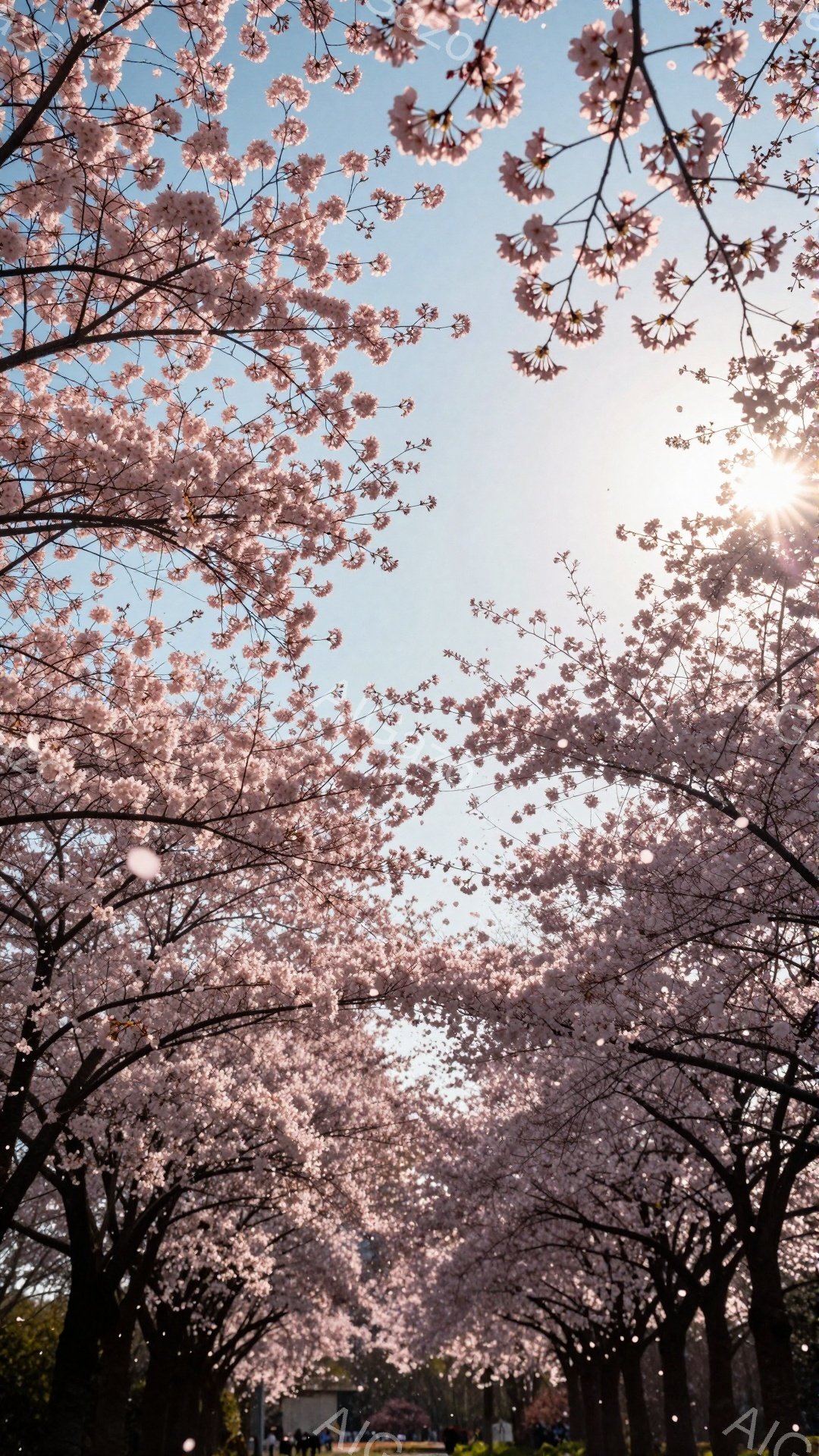 桜並木が続く道が写っており、満開の桜の花びらが空を覆い、まるでトンネルのようになっている。 ぼんやりと人影が見えるが、桜の美しさに圧倒され、静かにその光景を楽しんでいるようだ。 空は明るい青空で、春の - AI生成フリー素材