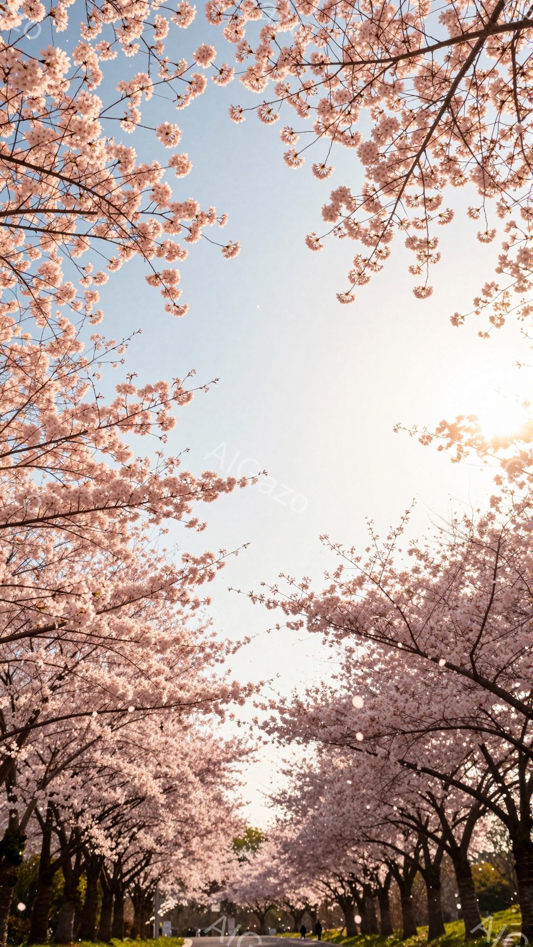 桜並木が続く道を行く人々が見える、春の風景です。満開の桜の花びらが空を覆い、柔らかい光が差し込み、幻想的な雰囲気を醸し出しています。地面には散った花びらが薄く敷き詰められ、暖かく穏やかな季節を感じさせます。