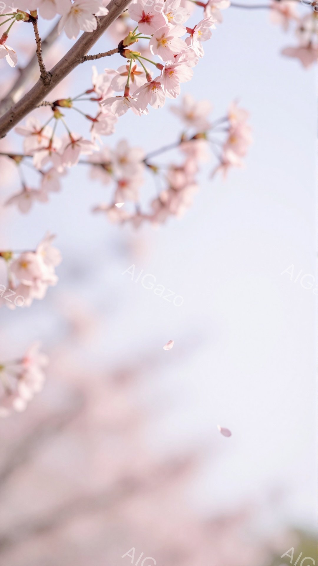 桜の枝が画面の左側に大きく広がり、ピンク色の花びらが舞い散っている様子が捉えられています。背景は淡いピンク色でぼやけており、まるで夢の中のような、優しく穏やかな春の雰囲気を醸し出しています。空は明るい - AI生成フリー素材