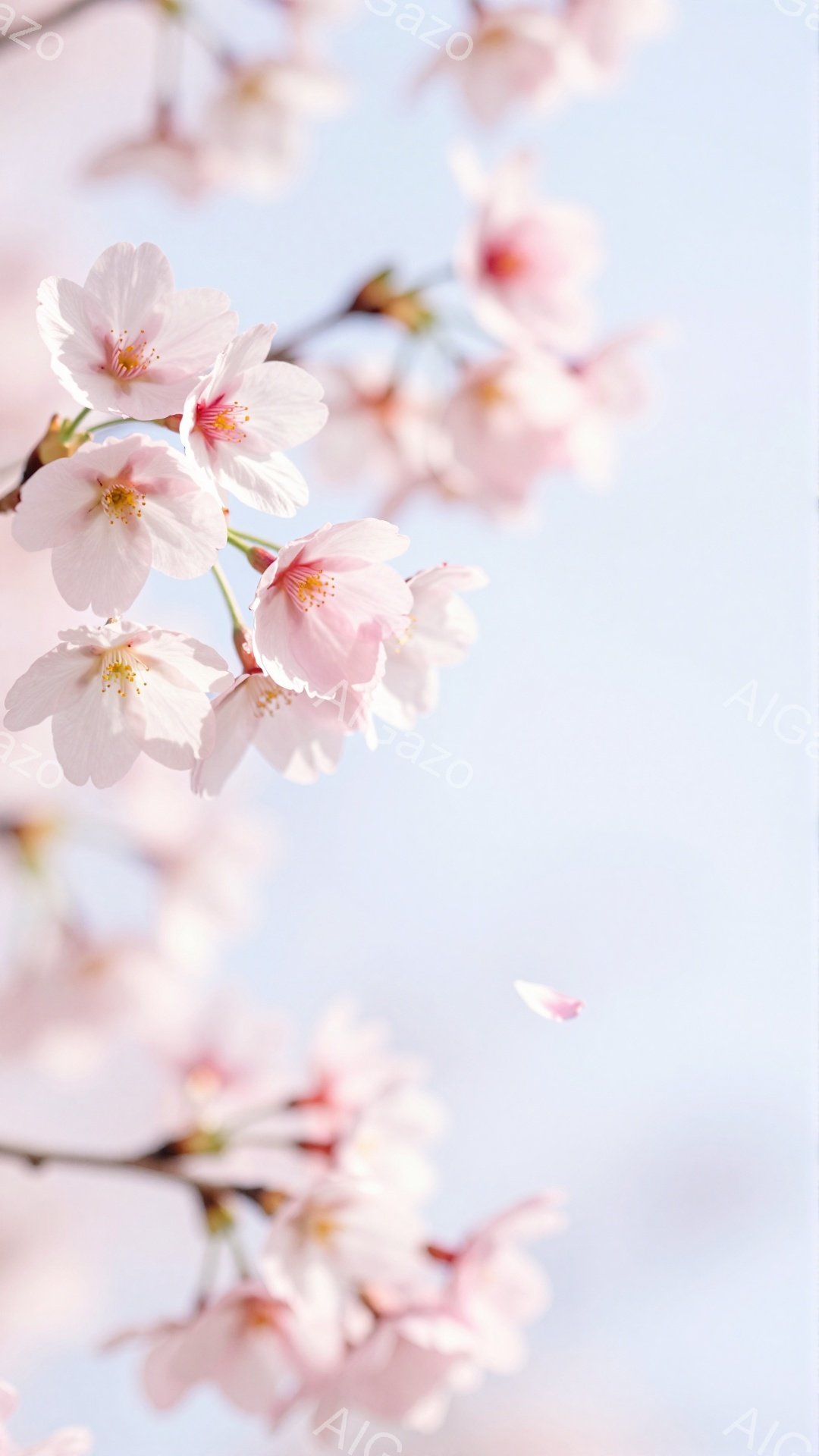 桜の花が咲き乱れ、淡いピンク色が空を背景に美しく広がっている。枝は細く、花びらがいくつか散って舞い落ちている様子が捉えられ、春の穏やかな息吹を感じさせる。背景は淡い水色で、柔らかな光が桜の花をより一層引き立てている。