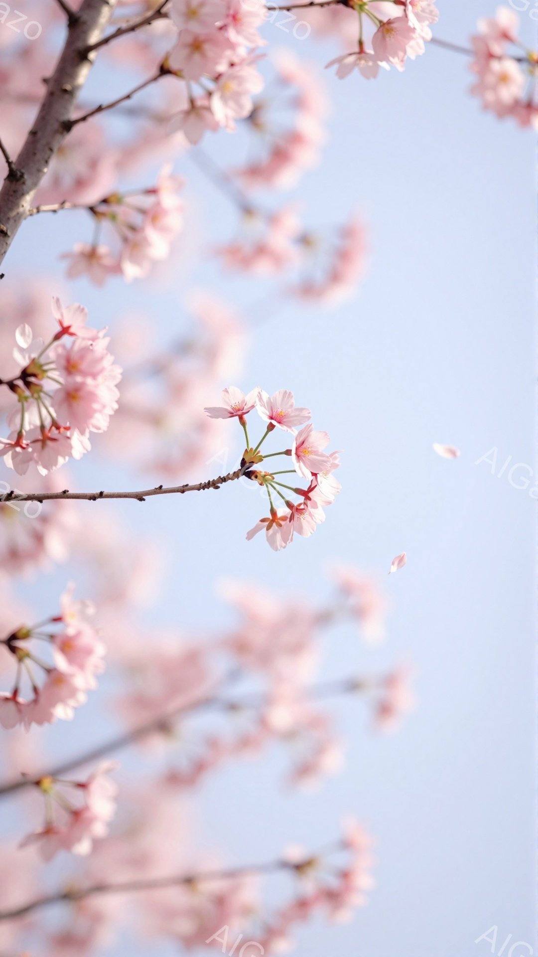 桜の花が咲き誇る春の風景です。淡いピンク色の花びらが、青空を背景に舞い散り、儚く美しい雰囲気を醸し出しています。枝は画面いっぱいに広がり、春の暖かさと生命力を感じさせます。 - AI生成フリー素材