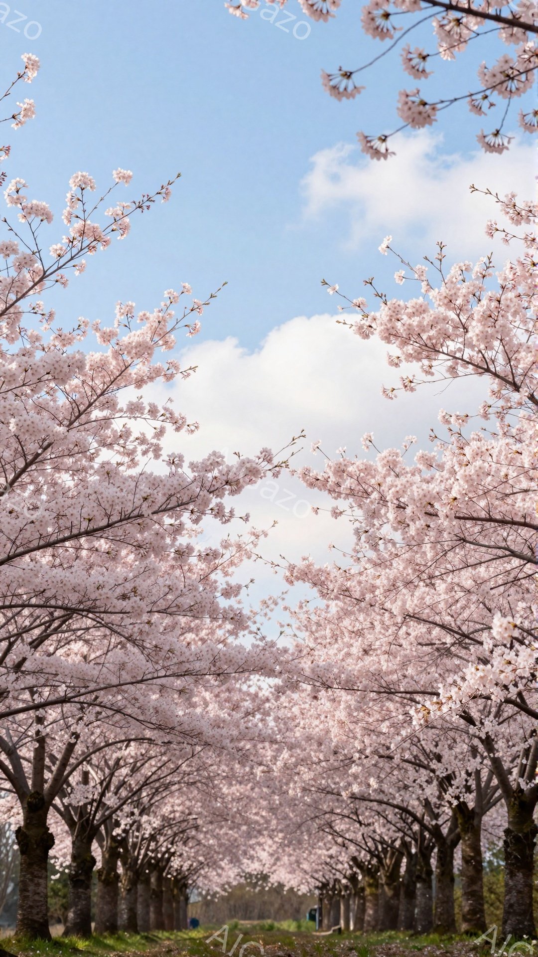 桜並木が続く道が写っており、満開の桜が空を覆うように咲き乱れている。地面には散った桜の花びらが薄く敷き詰められ、春の暖かさと優雅な雰囲気が漂っている。青空と桜のコントラストが美しく、穏やかな春の一日を思わせる光景だ。