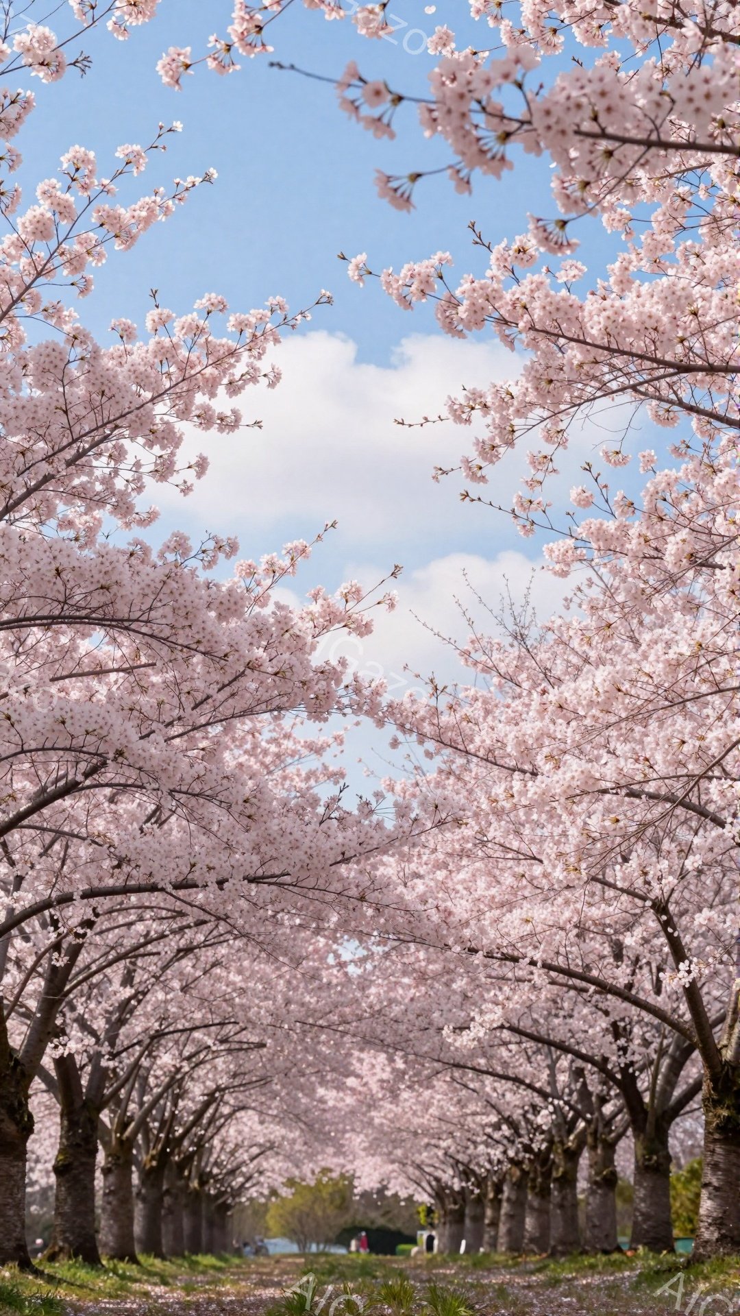 桜並木が続く道を行き交う人々がわずかに見える、春の風景です。満開の桜の花びらは空を覆うように咲き誇り、地面には散った花びらが薄く敷き詰められています。青空とのコントラストが美しく、穏やかで優しい春の訪 - AI生成フリー素材