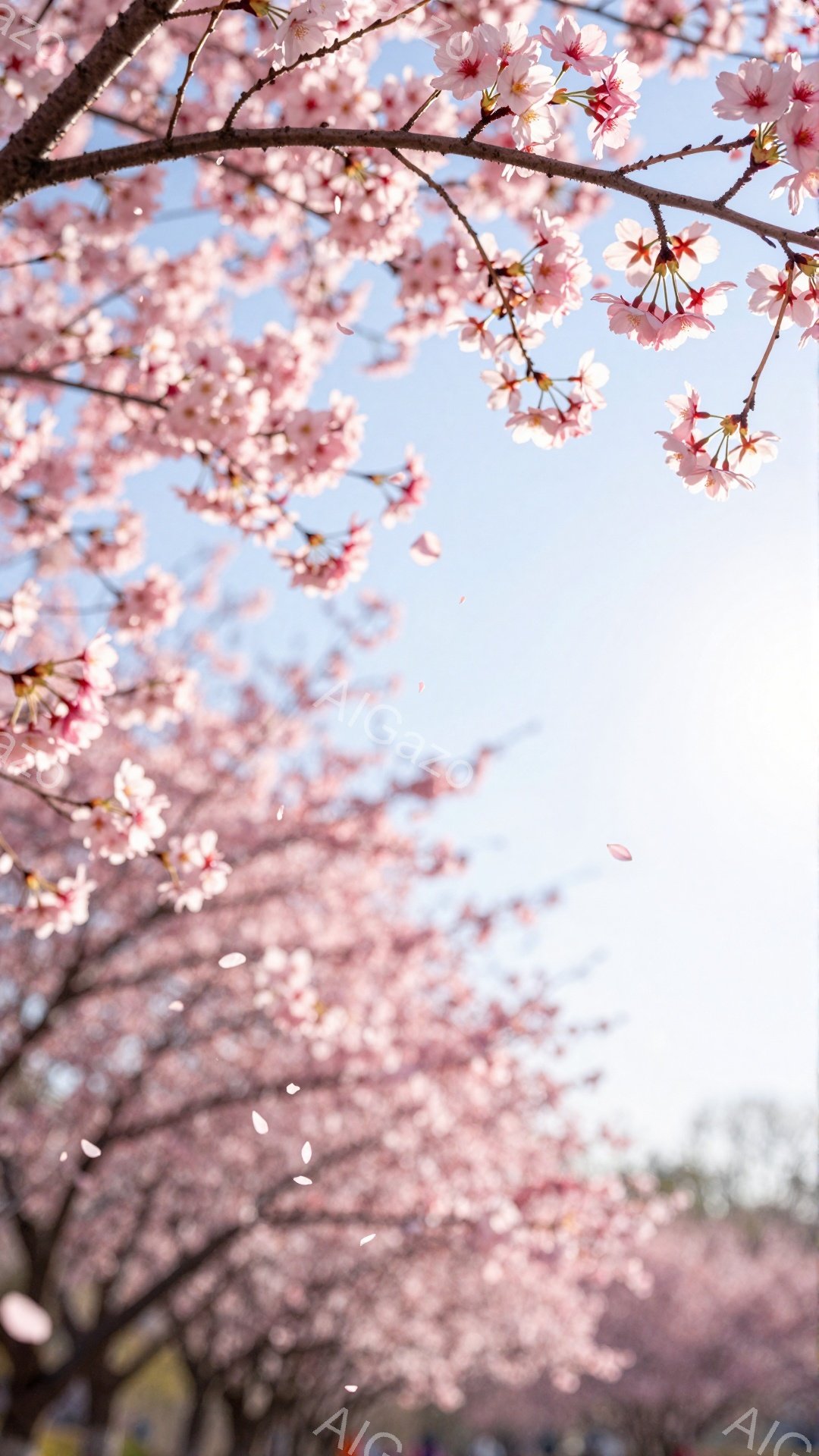 桜の花びらが舞い散る春の風景が写っている。ピンク色の桜の花が満開で、空を背景に美しいコントラストを作り出している。全体的に柔らかく、穏やかな雰囲気が漂い、春の暖かさを感じさせる。