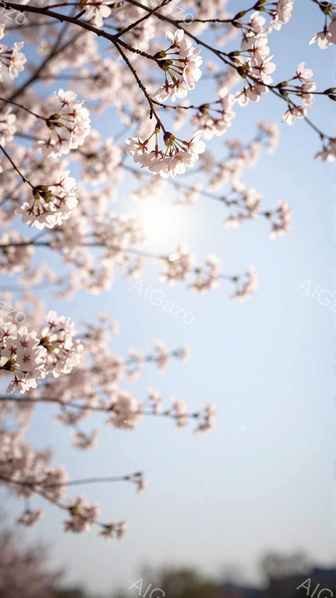 桜の花びらが咲き誇り、空を背景に美しいアーチを作っている様子が捉えられています。太陽光が花びらを照らし、明るく穏やかな雰囲気を醸し出しています。遠景にはぼんやりと緑が見え、春の暖かさを感じさせます。