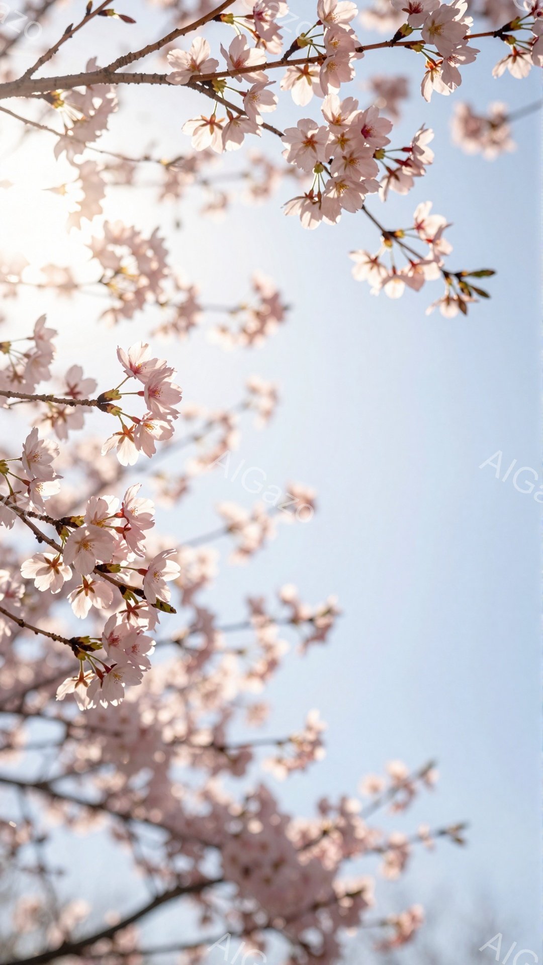空を見上げるように、桜の花が咲き乱れている様子が捉えられています。薄桃色の花びらが太陽の光を受けて輝き、春の暖かさと儚さを感じさせます。背景は穏やかな青空で、柔らかな光が花びらを照らし、夢のような雰囲 - AI生成フリー素材
