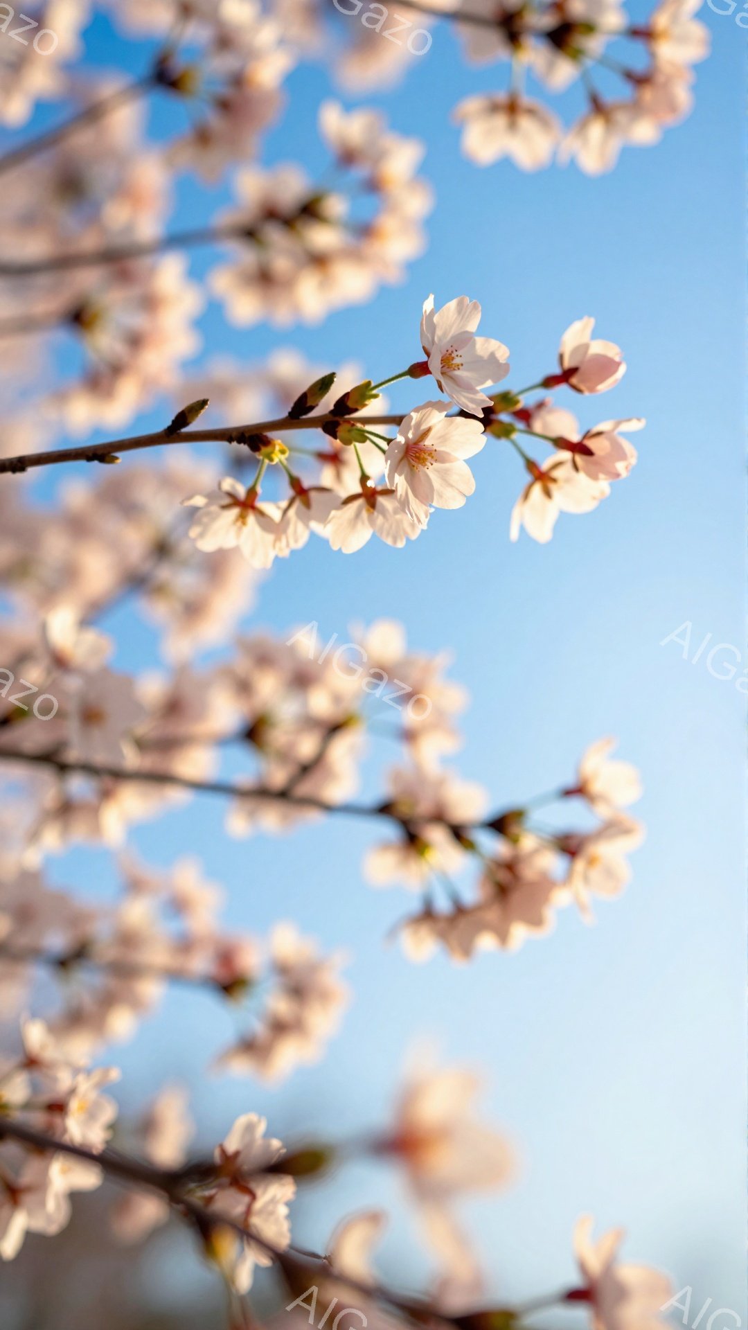鮮やかな青空を背景に、桜の花が咲き誇る枝が写っている。淡いピンク色の花びらは、春の暖かさと生命力を感じさせ、背景の青空とのコントラストが美しい。全体的に柔らかく、穏やかな雰囲気が漂っている。 - AI生成フリー素材