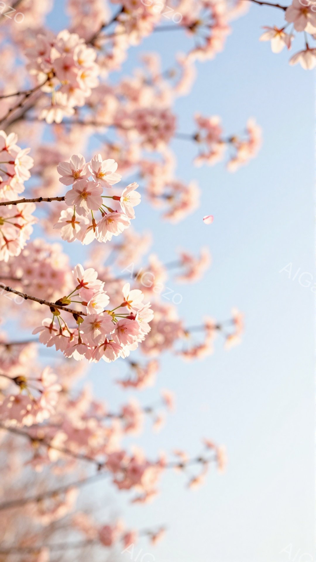 桜の花びらが咲き誇る春の空を背景に、淡いピンク色の桜の花が密集して咲き乱れている様子が写っている。花びらは、まだ幼い緑色の葉と混ざり合い、春の暖かさと生命力を表現している。全体的に柔らかく、夢幻的な雰 - AI生成フリー素材