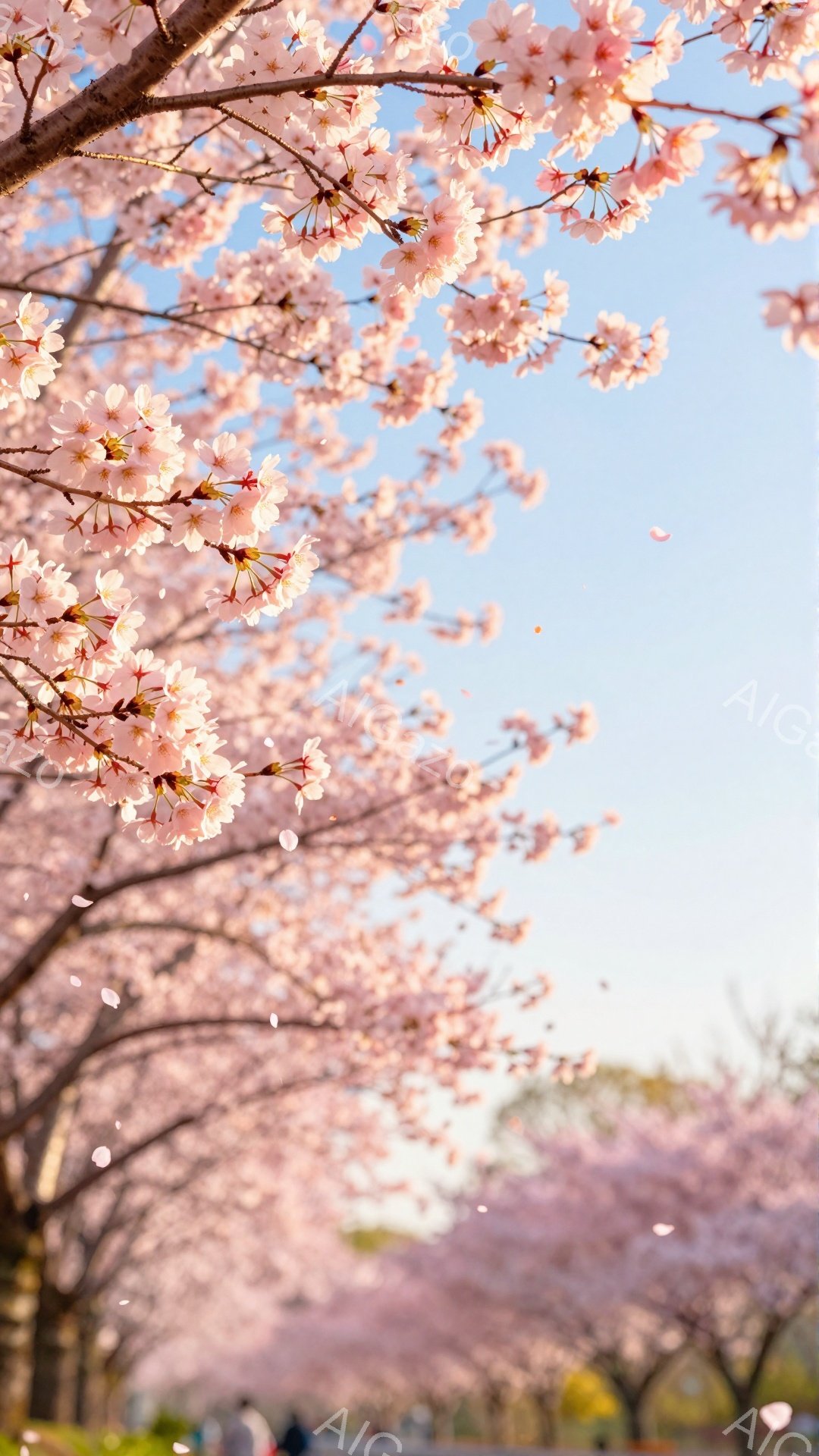 満開の桜並木が印象的な写真です。薄桃色の桜の花びらが空に舞い、まるでトンネルのように咲き誇っています。遠景には人影が見え、春の穏やかで美しい雰囲気が伝わってきます。