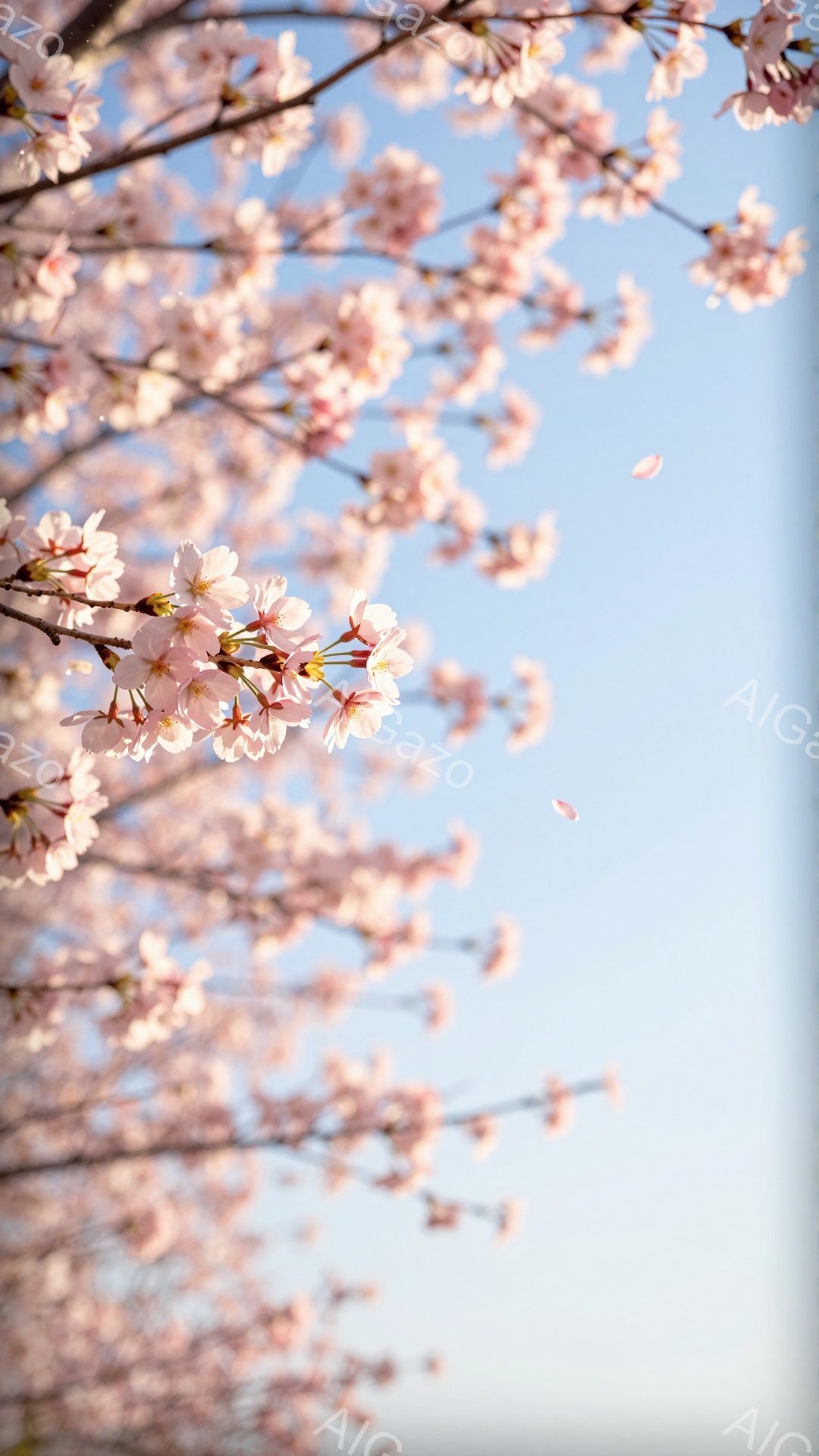 桜の花びらが舞い散る、春の風景が広がっている。薄桃色の花が咲き誇り、空は穏やかな水色で、春の暖かさと優しさを感じさせる。背景はぼやけており、花びらの美しさが際立っている。 - AI生成フリー素材