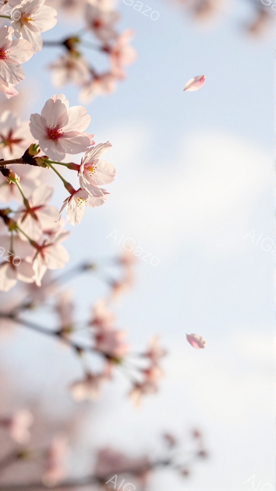 桜の花びらが舞い散る、春の風景が捉えられています。淡いピンク色の桜の花が枝に咲き誇り、一部の花びらは空中に漂い、柔らかい光に照らされています。背景は穏やかな水色で、春の暖かさと優しさを表現しています。 - AI生成フリー素材
