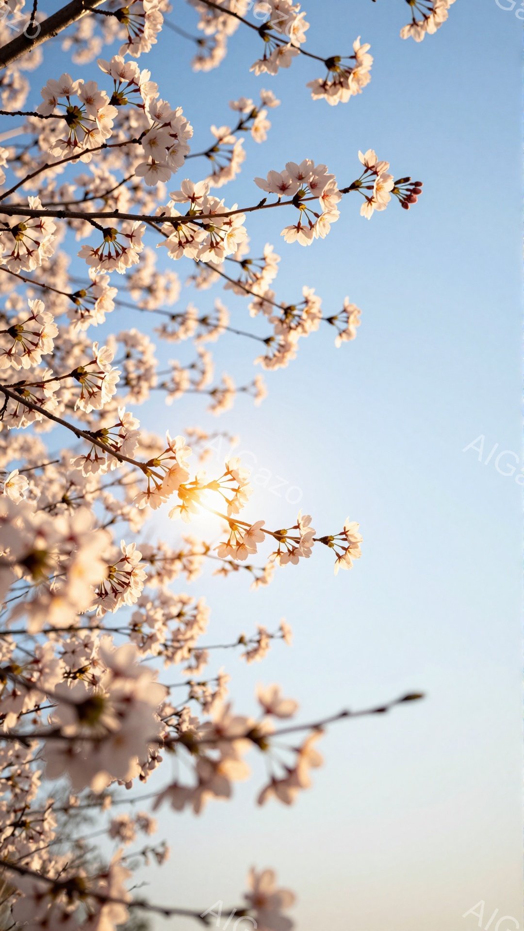 桜の花びらが満開の枝が、青空を背景に画面いっぱいに広がっている。太陽が花びらの間から輝き、春の暖かさと柔らかい光を強調している。全体的に穏やかで希望に満ちた、春の息吹を感じさせる美しい情景である。