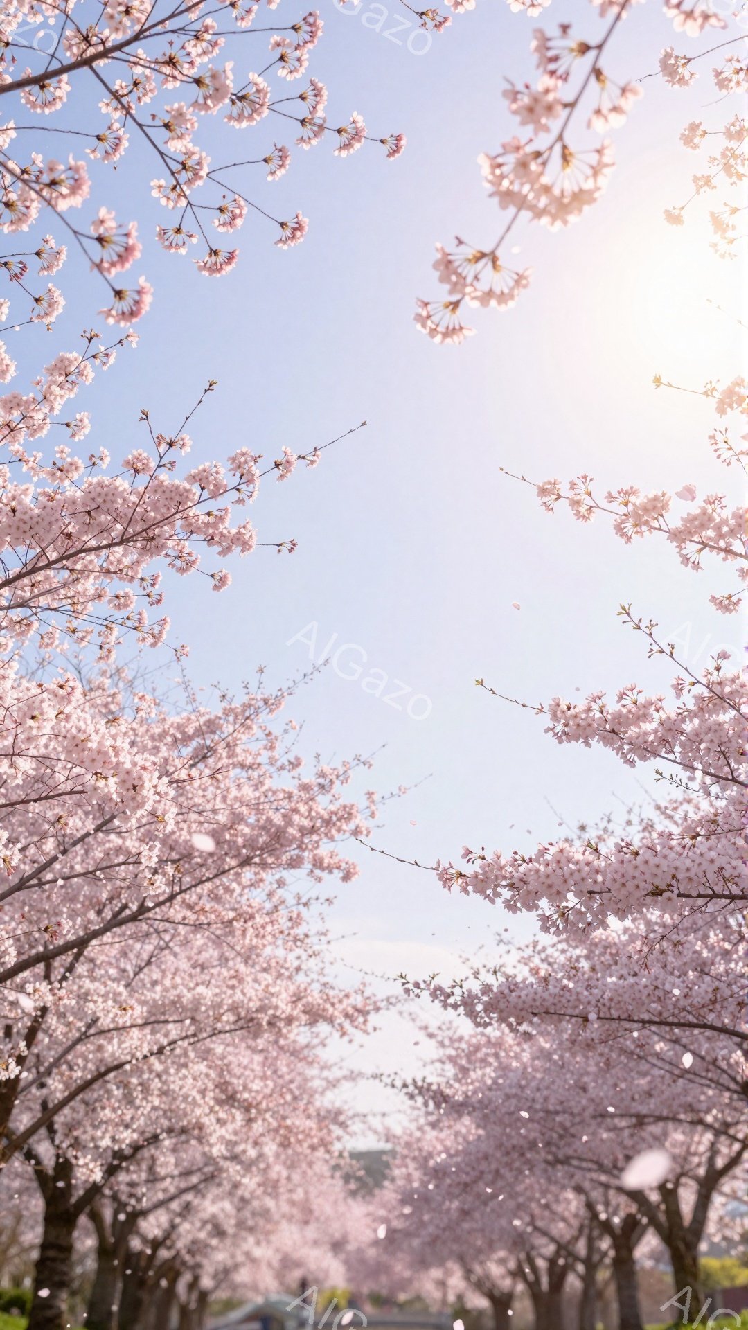 満開の桜並木が印象的な写真です。ピンク色の花びらが空いっぱいに舞い、春の暖かさと儚さを感じさせます。遠くにはぼんやりと建物が見え、穏やかな春の日の散歩道が広がっています。